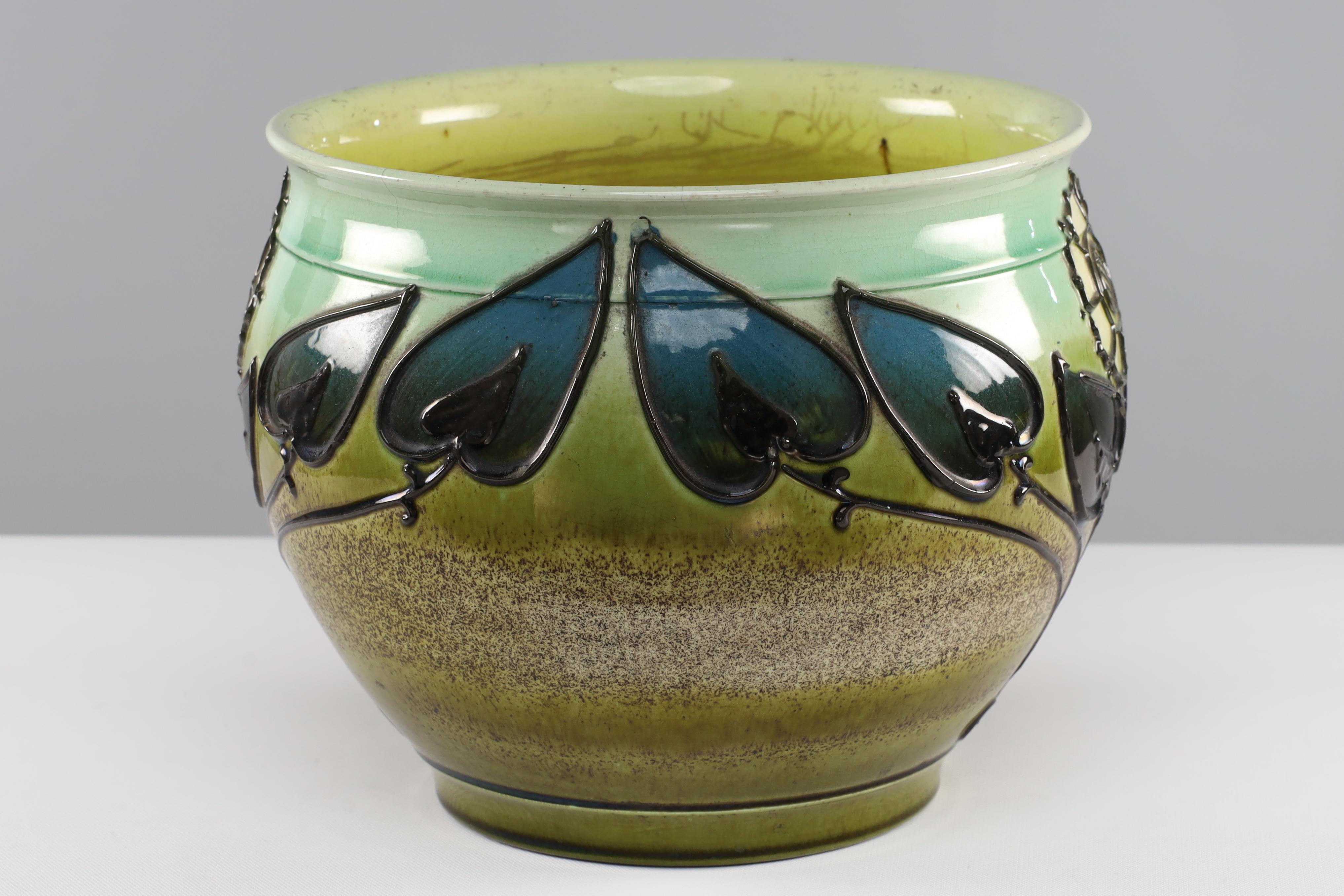 Hand-Crafted Wardle by Frederick Rhead attri. Arts & Crafts planter with floral decoration. For Sale