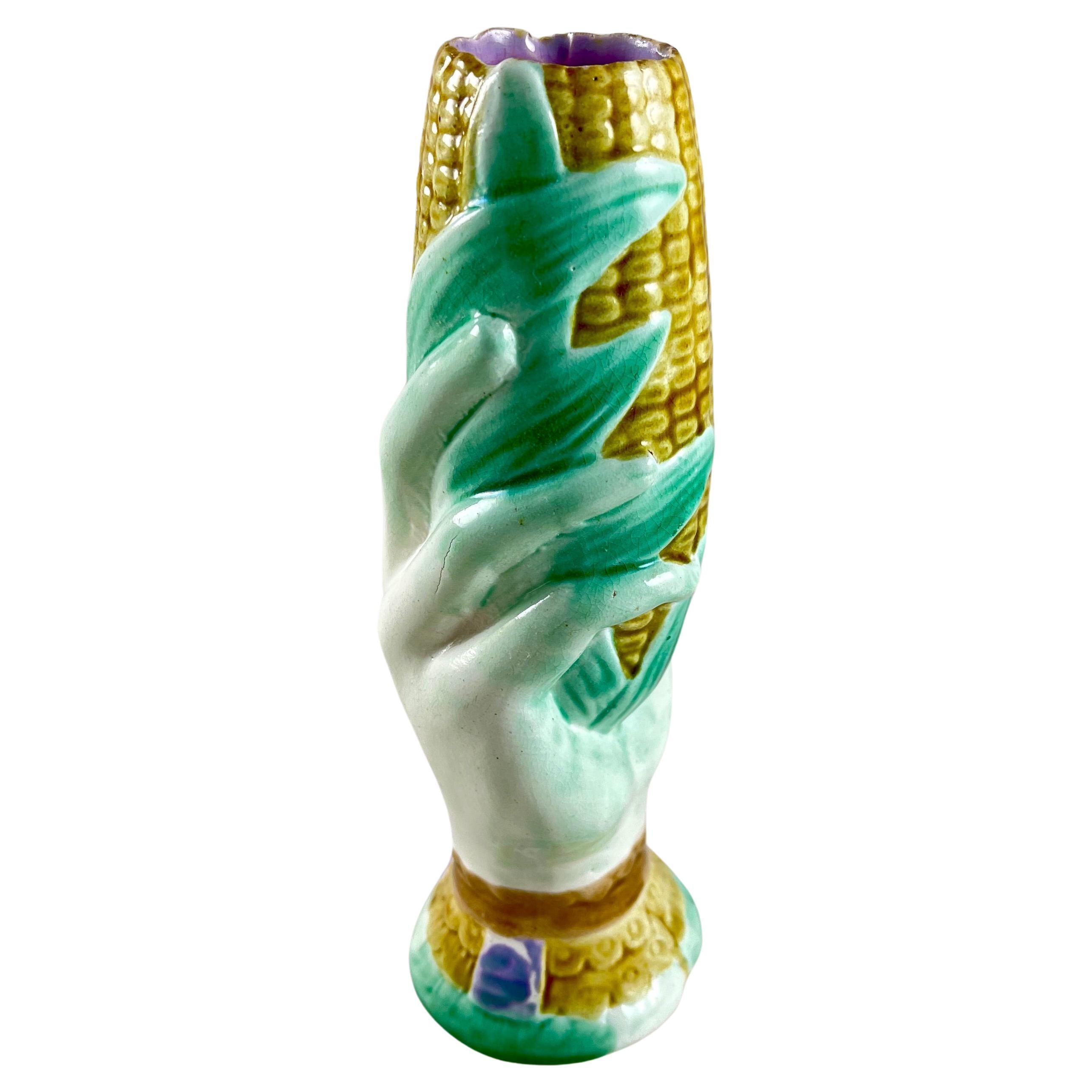 Wardle English Majolica Glazed Hand Holding Corn Spill or Posy Vase For Sale