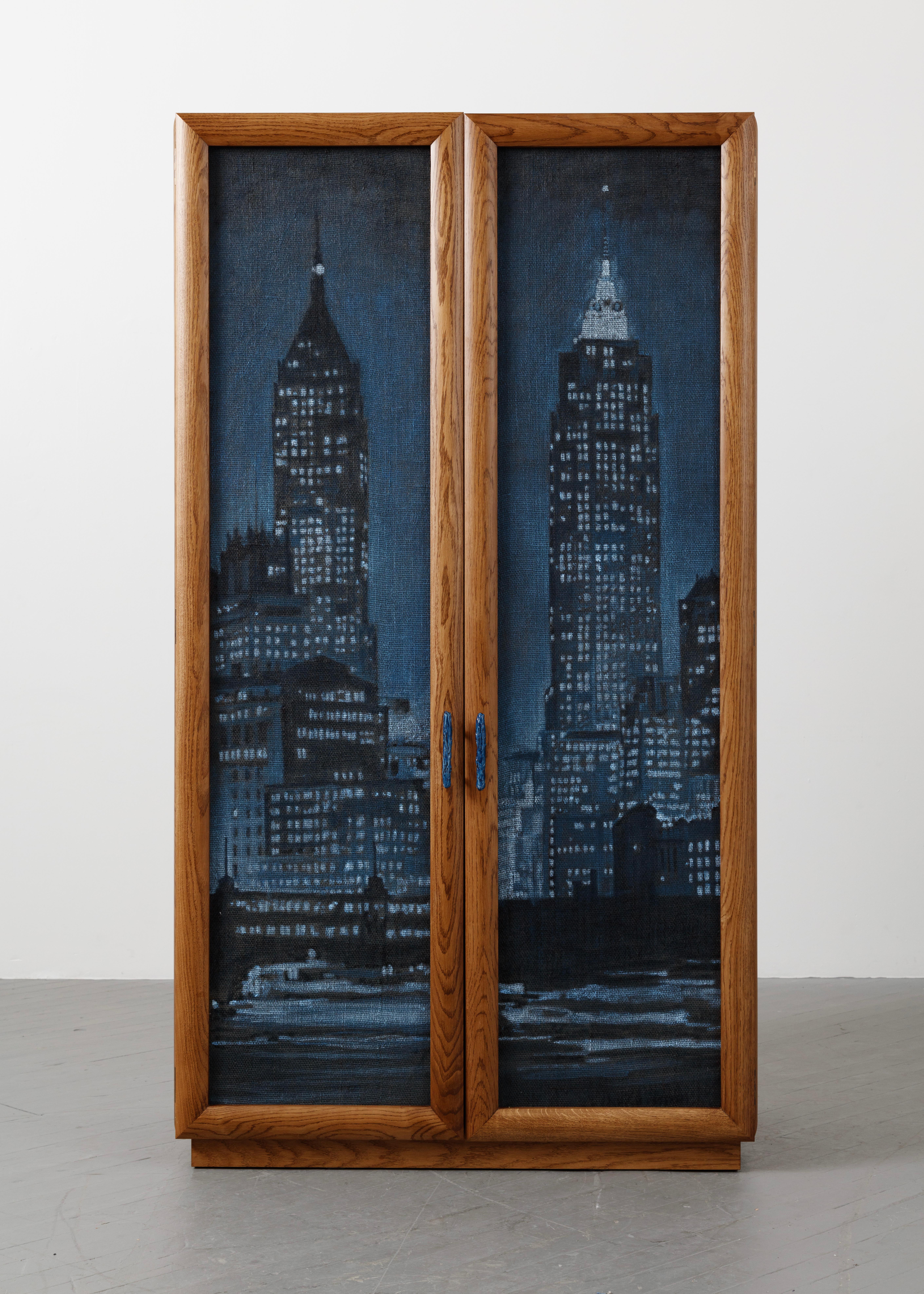 Ashley Hicks. Wardrobe. 2024. Oil paint, burlap, and wood.