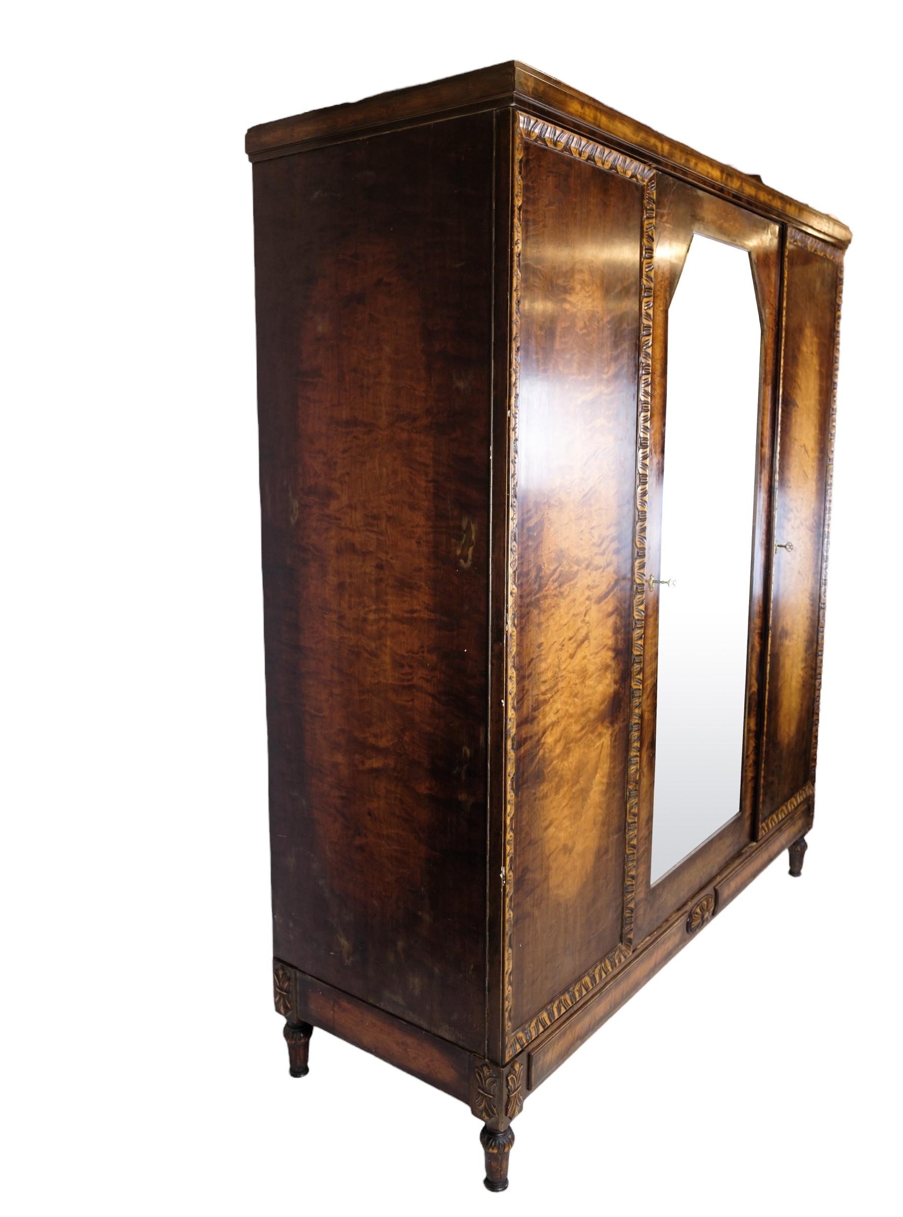 Danish Wardrobe in Birch wood with Faceted mirror from the 1930 For Sale
