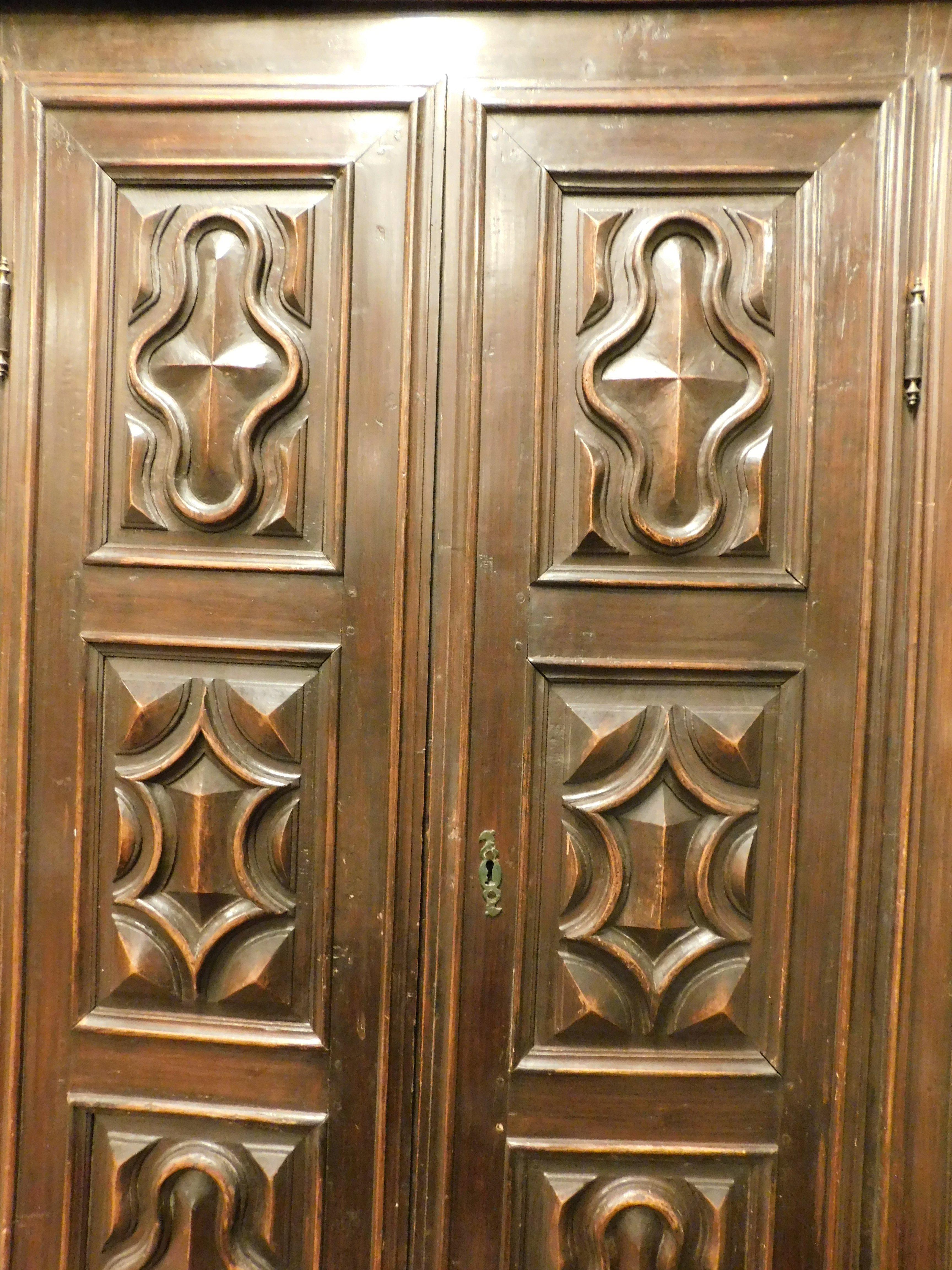 18th Century and Earlier Wardrobe in poplar wood, two doors with six diamond-carved panels, Italy For Sale