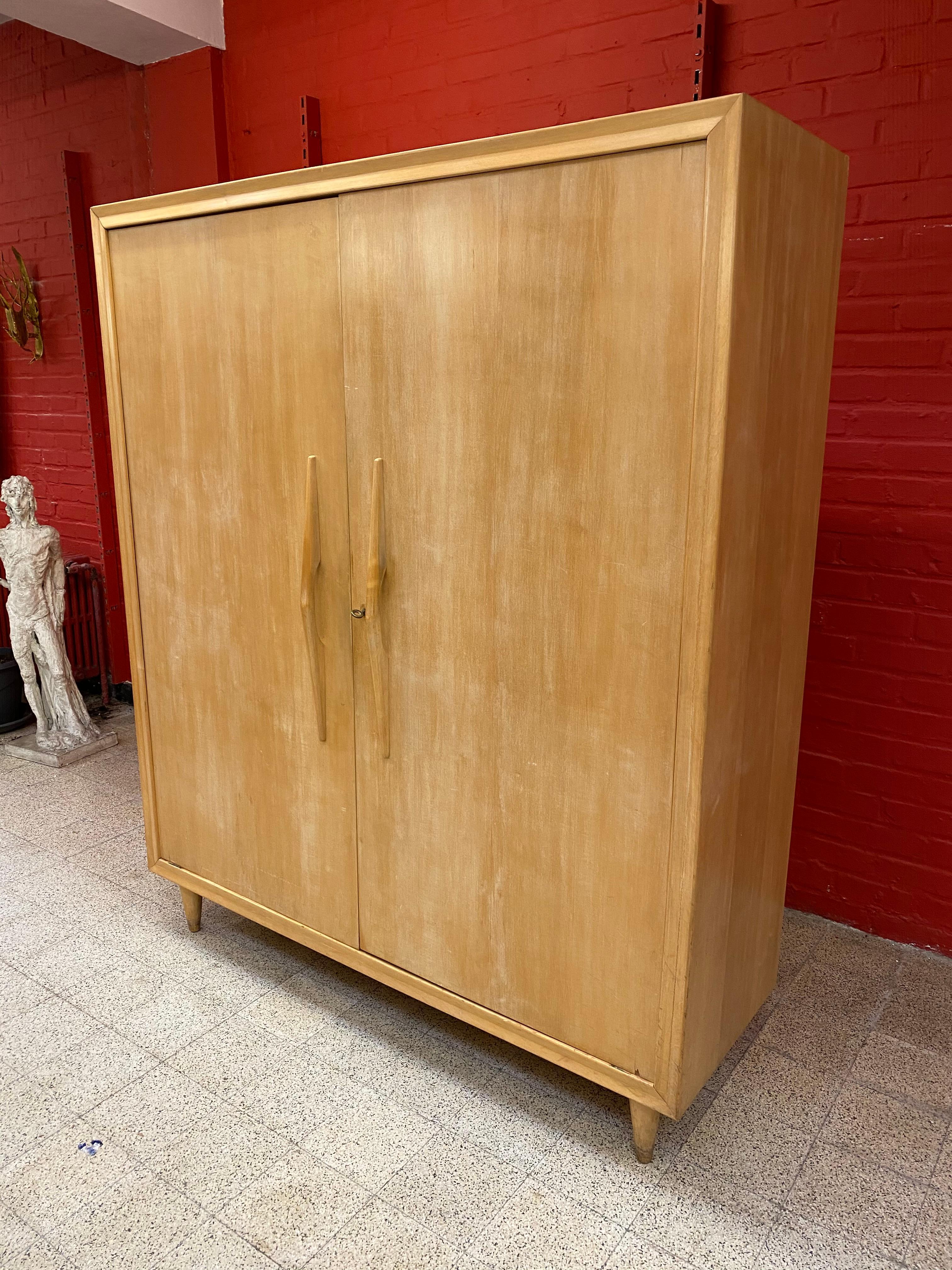 Mid-Century Modern Wardrobe in Stained Beech, circa 1950 in the Style of Gérard Guermonprez
