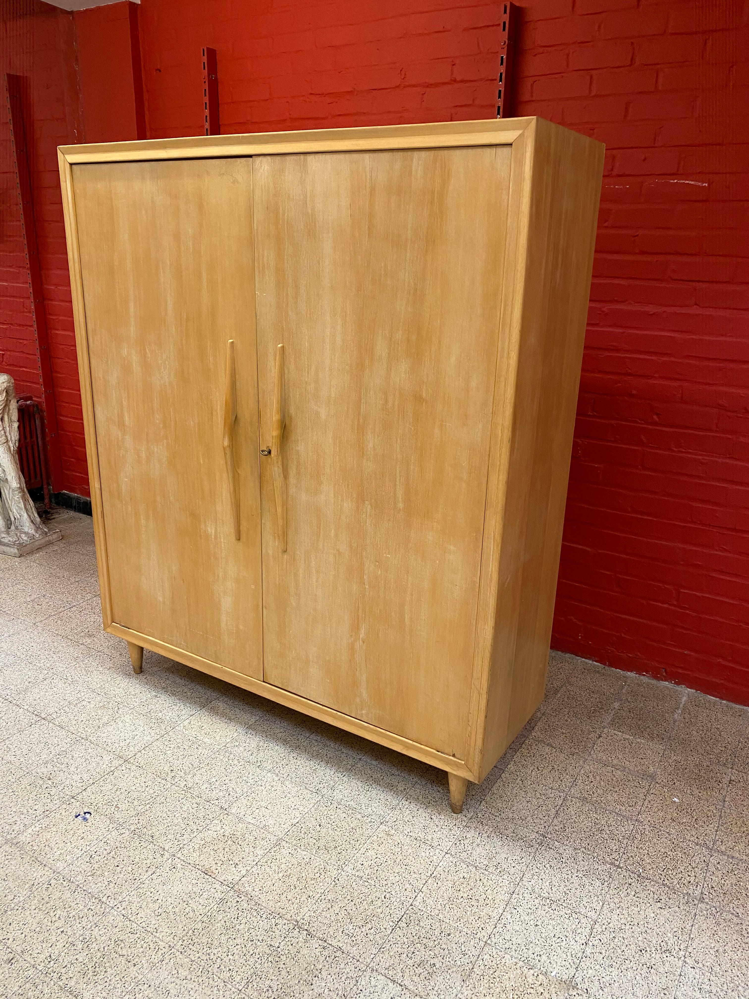 Mid-20th Century Wardrobe in Stained Beech, circa 1950 in the Style of Gérard Guermonprez