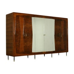 Wardrobe Mahogany Veneer Mirror Brass Metal, Italy, 1960s