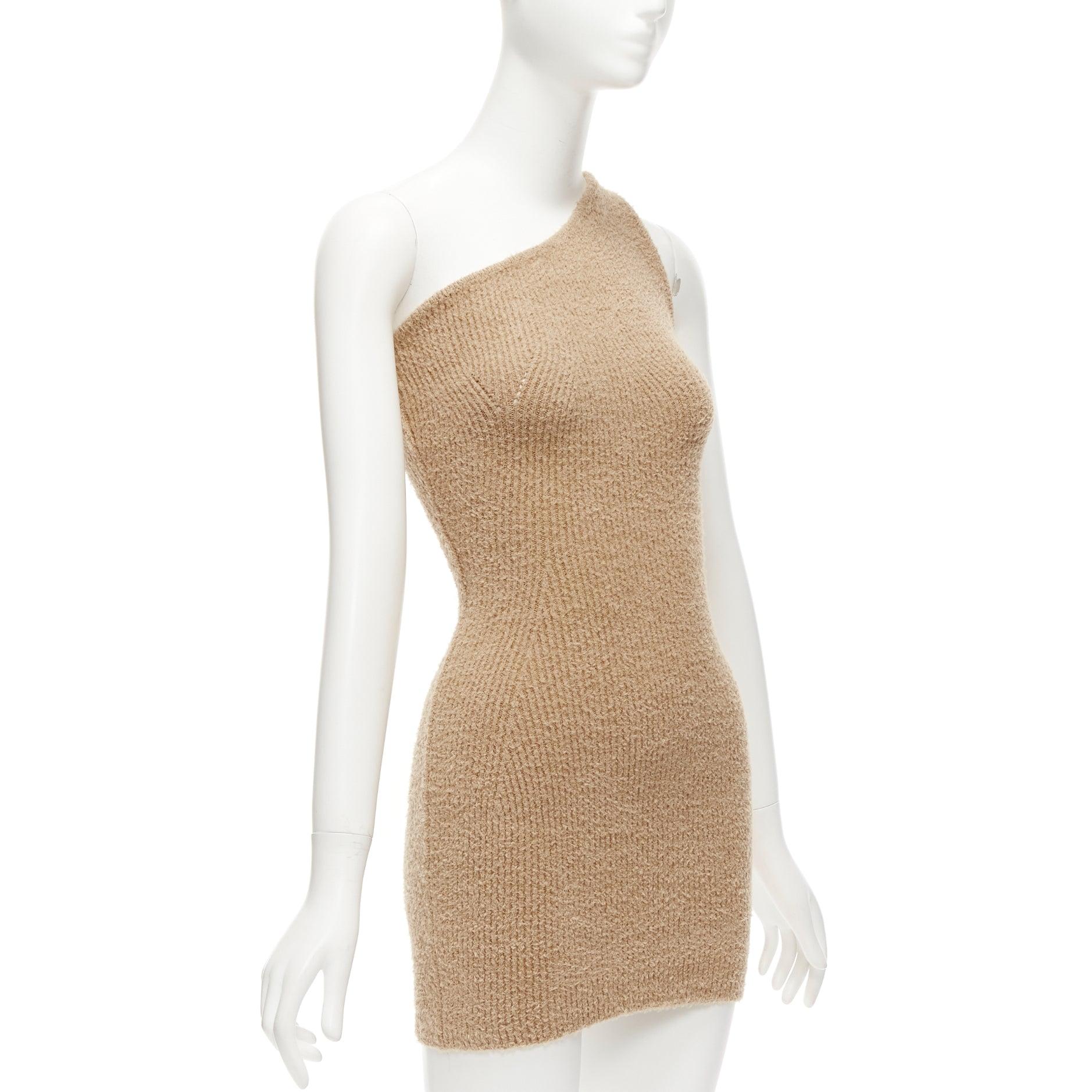 WARDROBE NYC HAILEY BIEBER HB tan fuzzy knit cotton one shoulder mini dress S In Excellent Condition For Sale In Hong Kong, NT