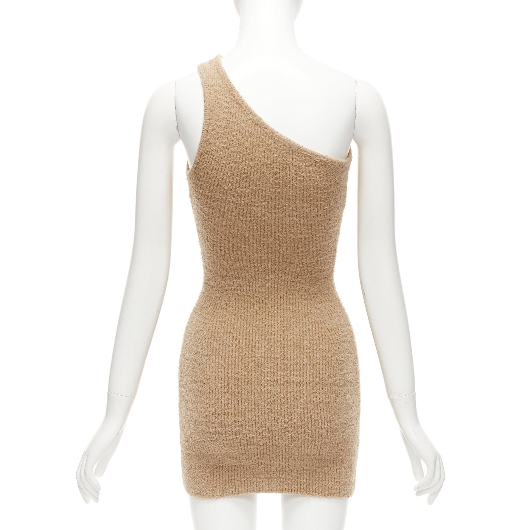 WARDROBE NYC HAILEY BIEBER HB tan fuzzy knit cotton one shoulder mini dress S For Sale 1