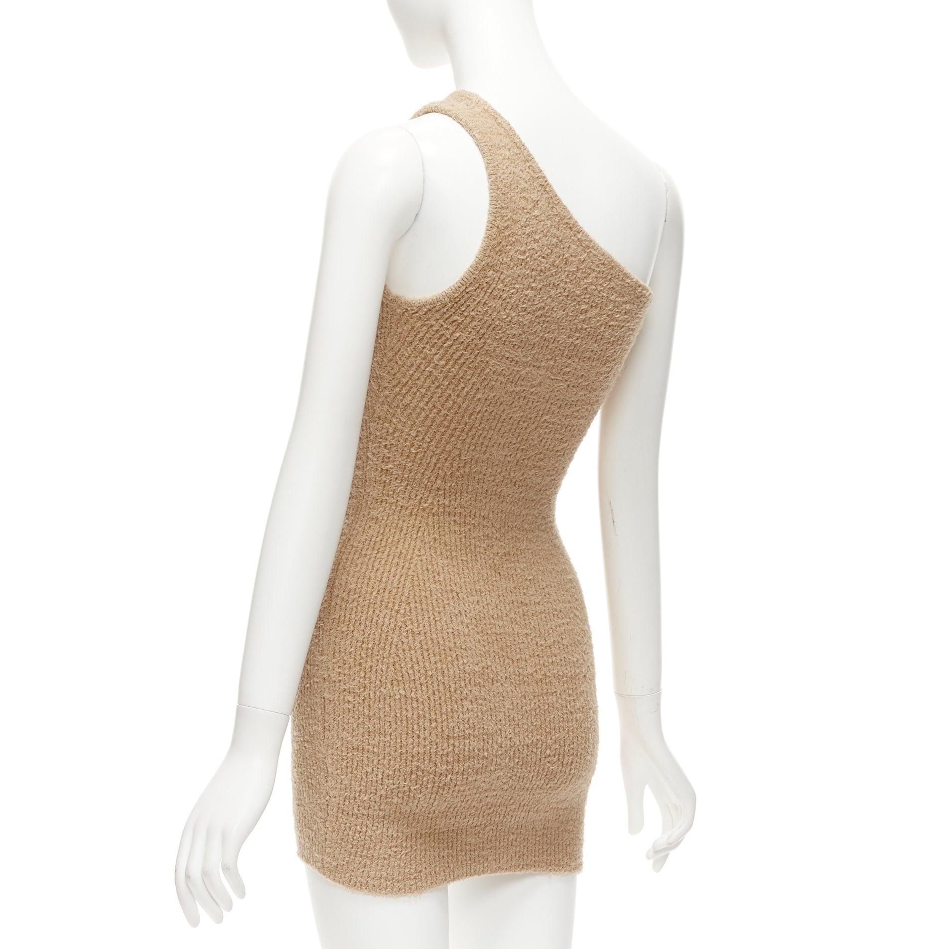 WARDROBE NYC HAILEY BIEBER HB tan fuzzy knit cotton one shoulder mini dress S For Sale 2