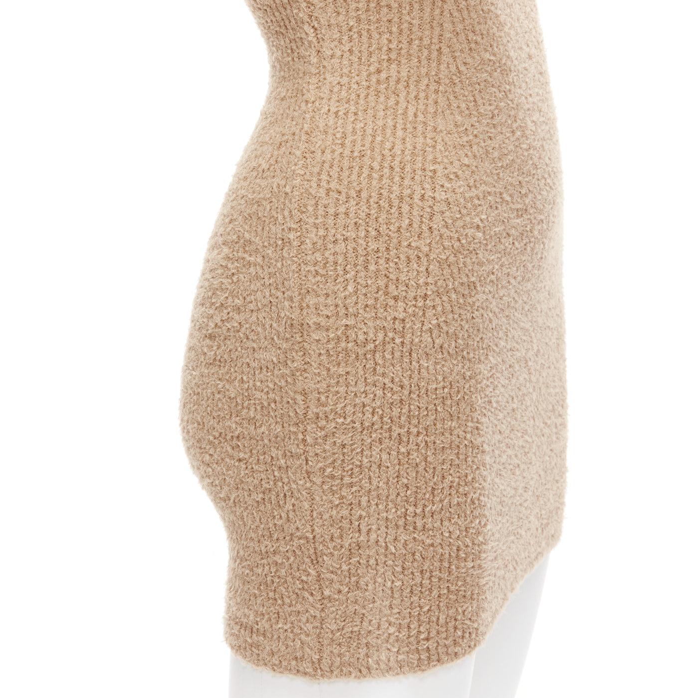 WARDROBE NYC HAILEY BIEBER HB tan fuzzy knit cotton one shoulder mini dress S For Sale 3