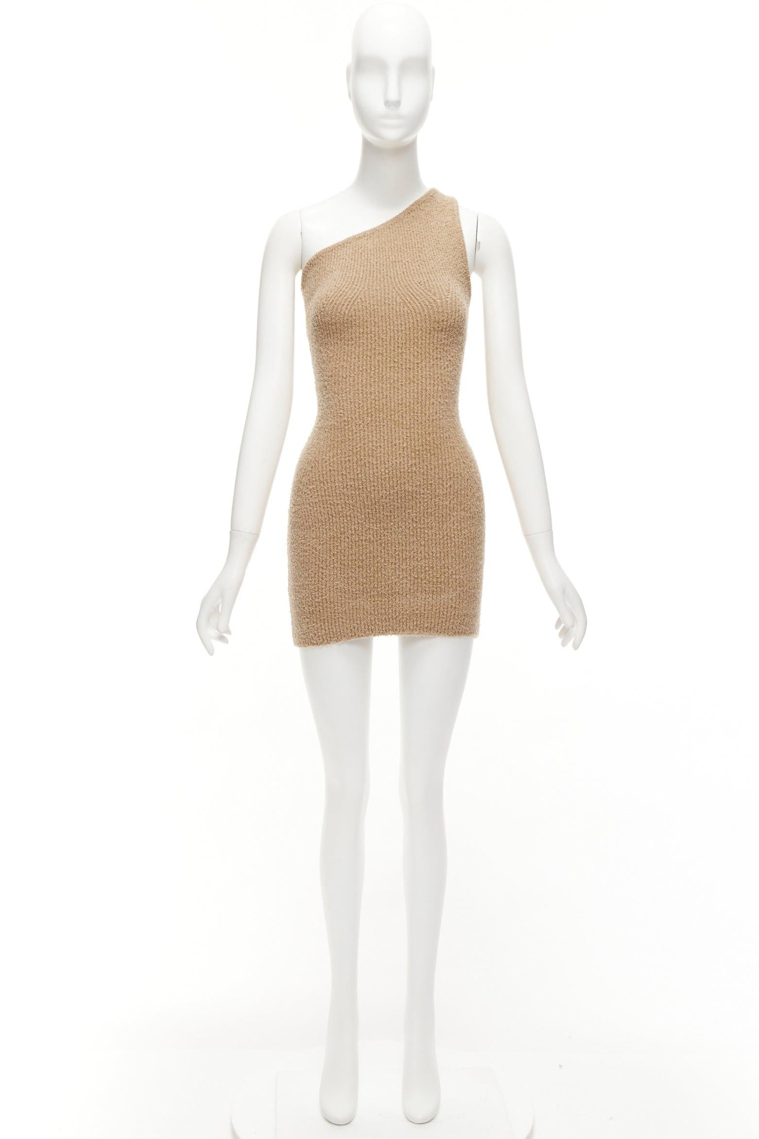 WARDROBE NYC HAILEY BIEBER HB tan fuzzy knit cotton one shoulder mini dress S For Sale 5