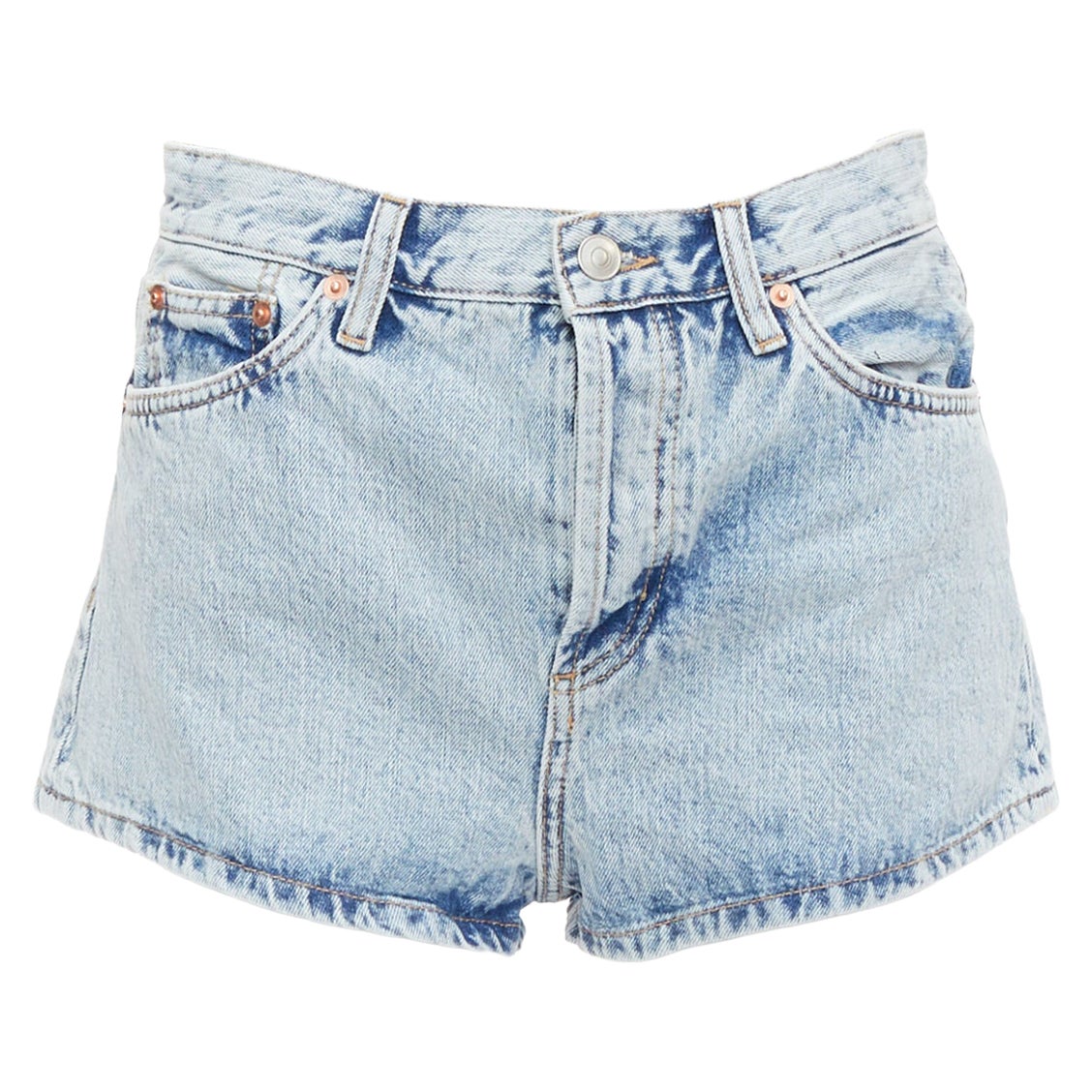 WARDROBE NYC stone wash blue leather tag mid denim shorts 25" For Sale