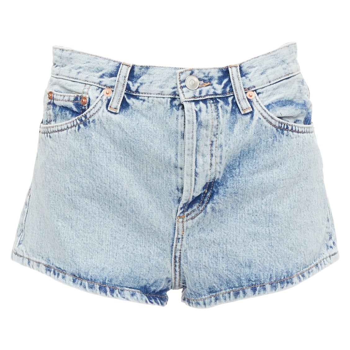 WARDROBE NYC  stone wash blue leather tag mid denim shorts 26" For Sale