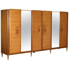 Wardrobe Teak Veneer Mirror Brass Vintage, Italy, 1960s
