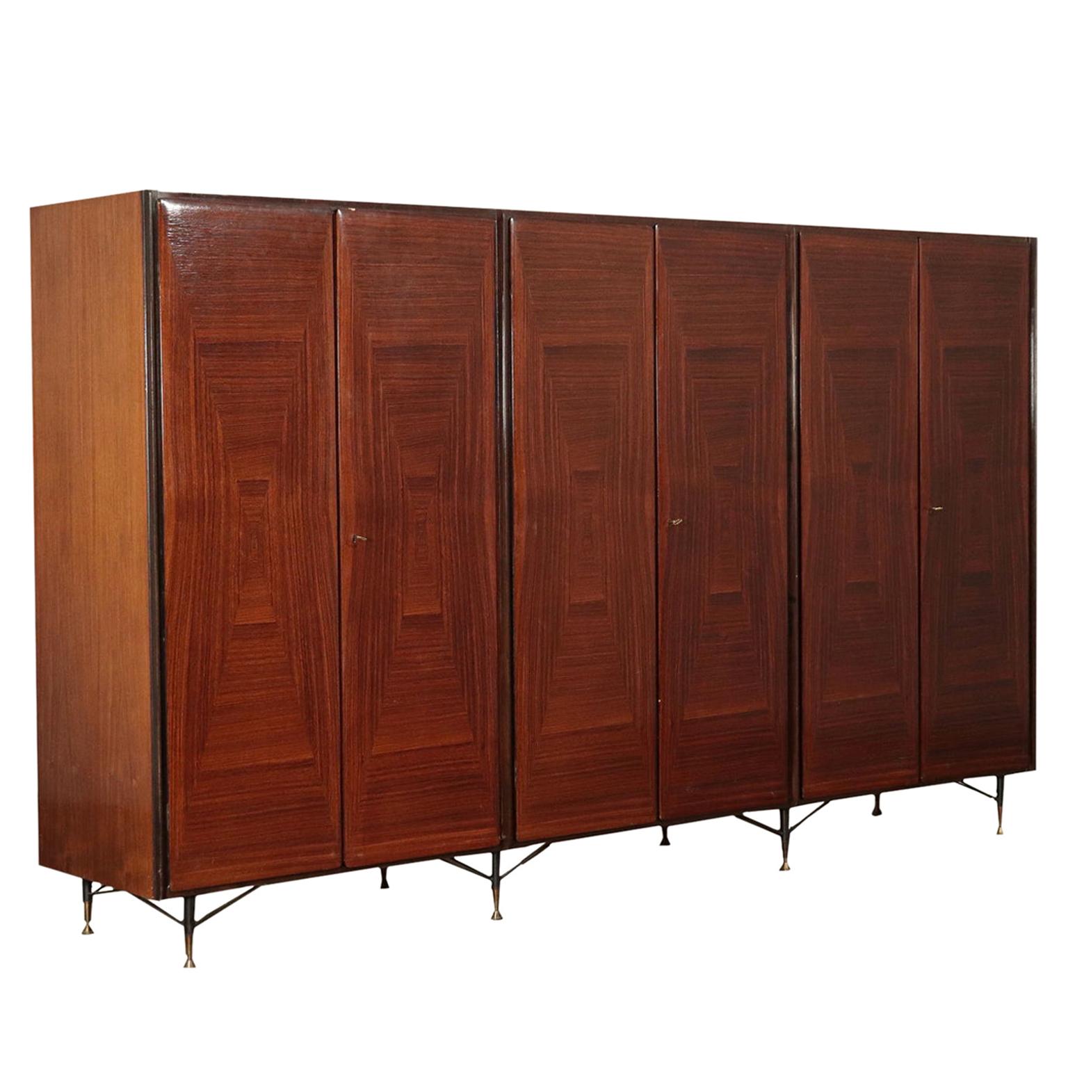 Wardrobe Six Doors Mirror Walnut Veneer Vintage, Italy, 1950s1960s at 1stDibs