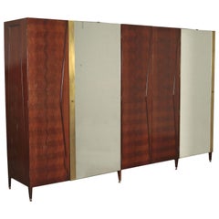 Wardrobe Veneered Wood Mirrored Glass Brass, Italy, 1950s-1960s