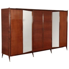Wardrobe Veneered Wood Mirrored Glass Brass, Italy, 1960s