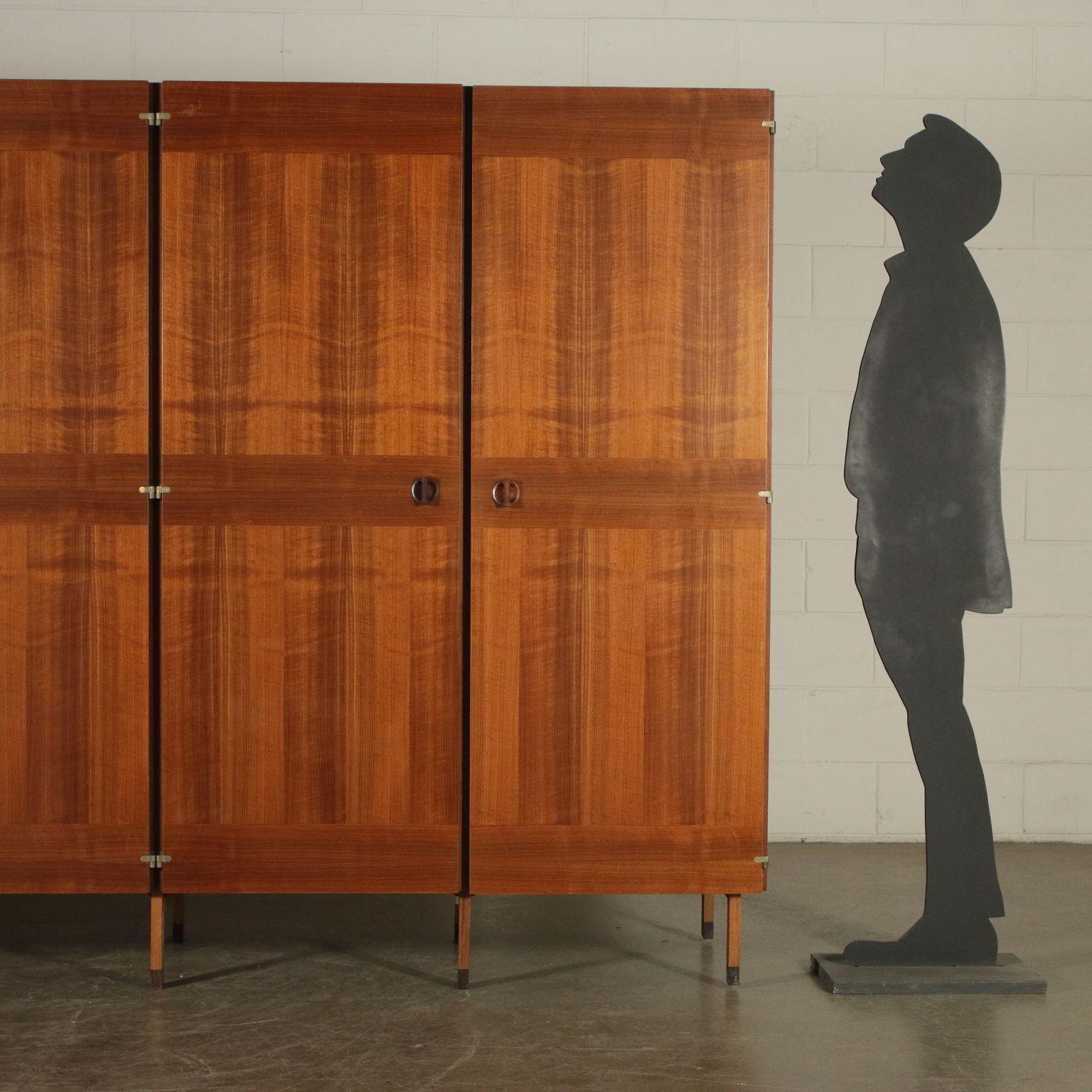 Wardrobe, walnut veneer, wood handles, 1960s.