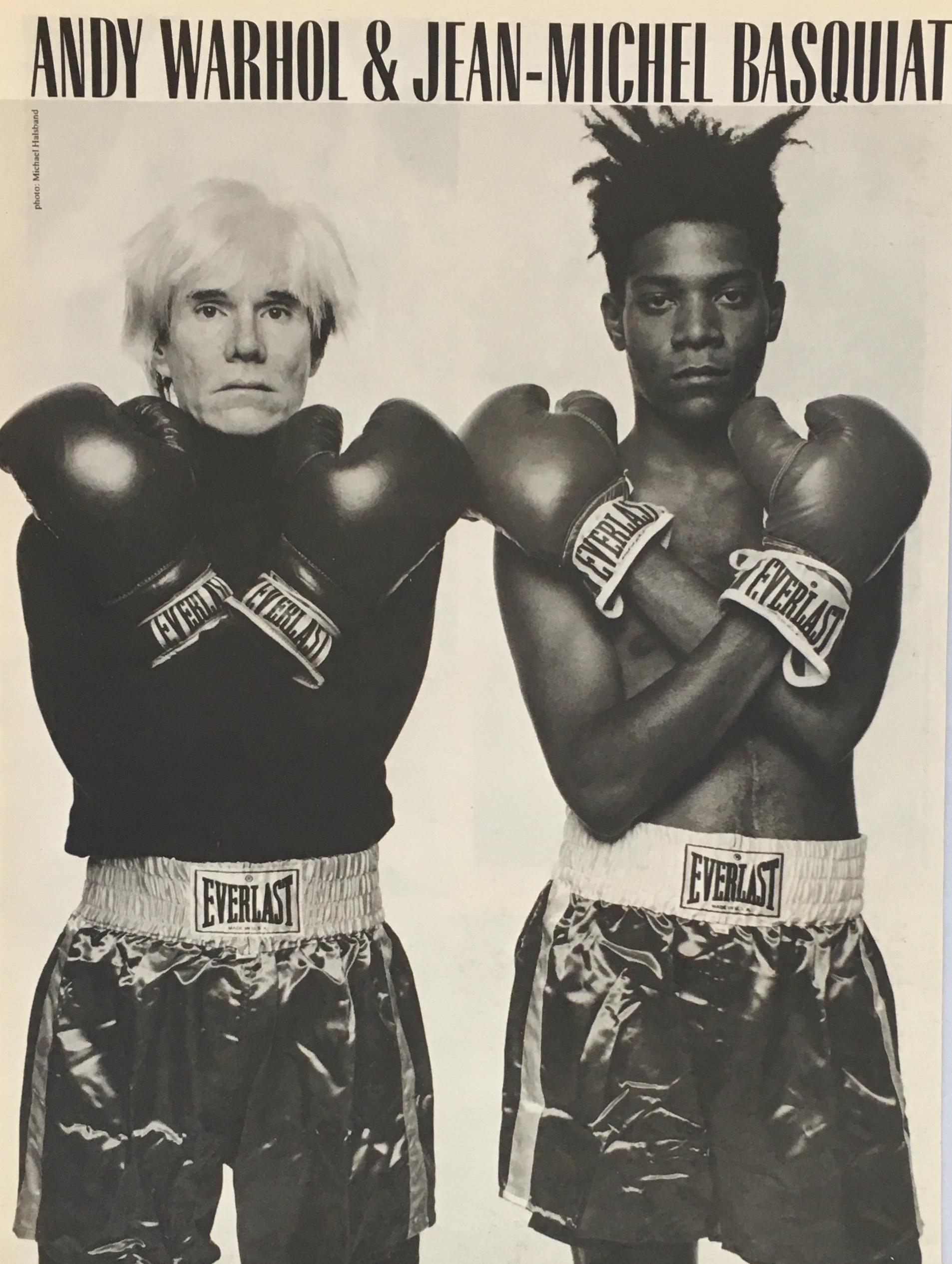 Andy Warhol, Jean-Michel Basquiat Boxing pictorial, 1985.
Rare vintage 1985 large sized magazine advertisement for the historic Andy Warhol and Jean-Michel Basquiat collaborations show at Tony Shafrazi Gallery. An affordably priced alternative to