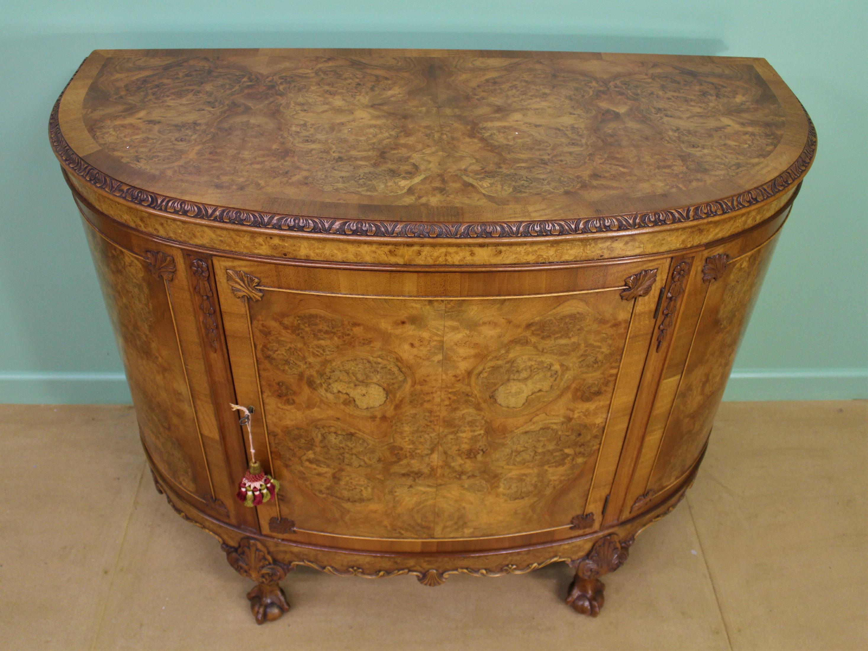 Queen Anne Waring and Gillow Burr Walnut Demi Lune Commode