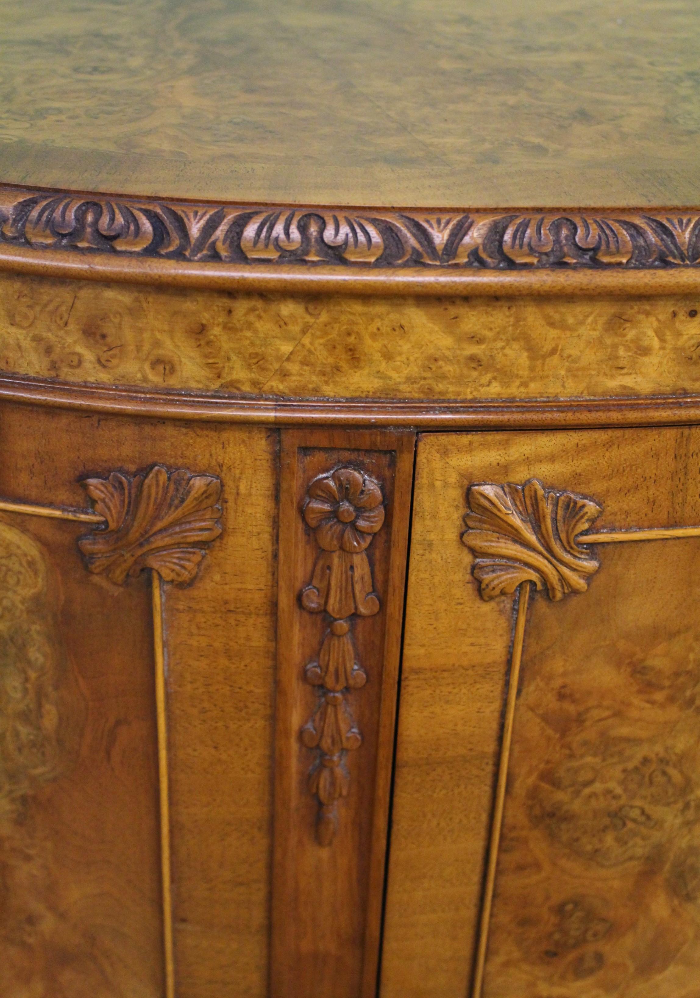 20th Century Waring and Gillow Burr Walnut Demi Lune Commode