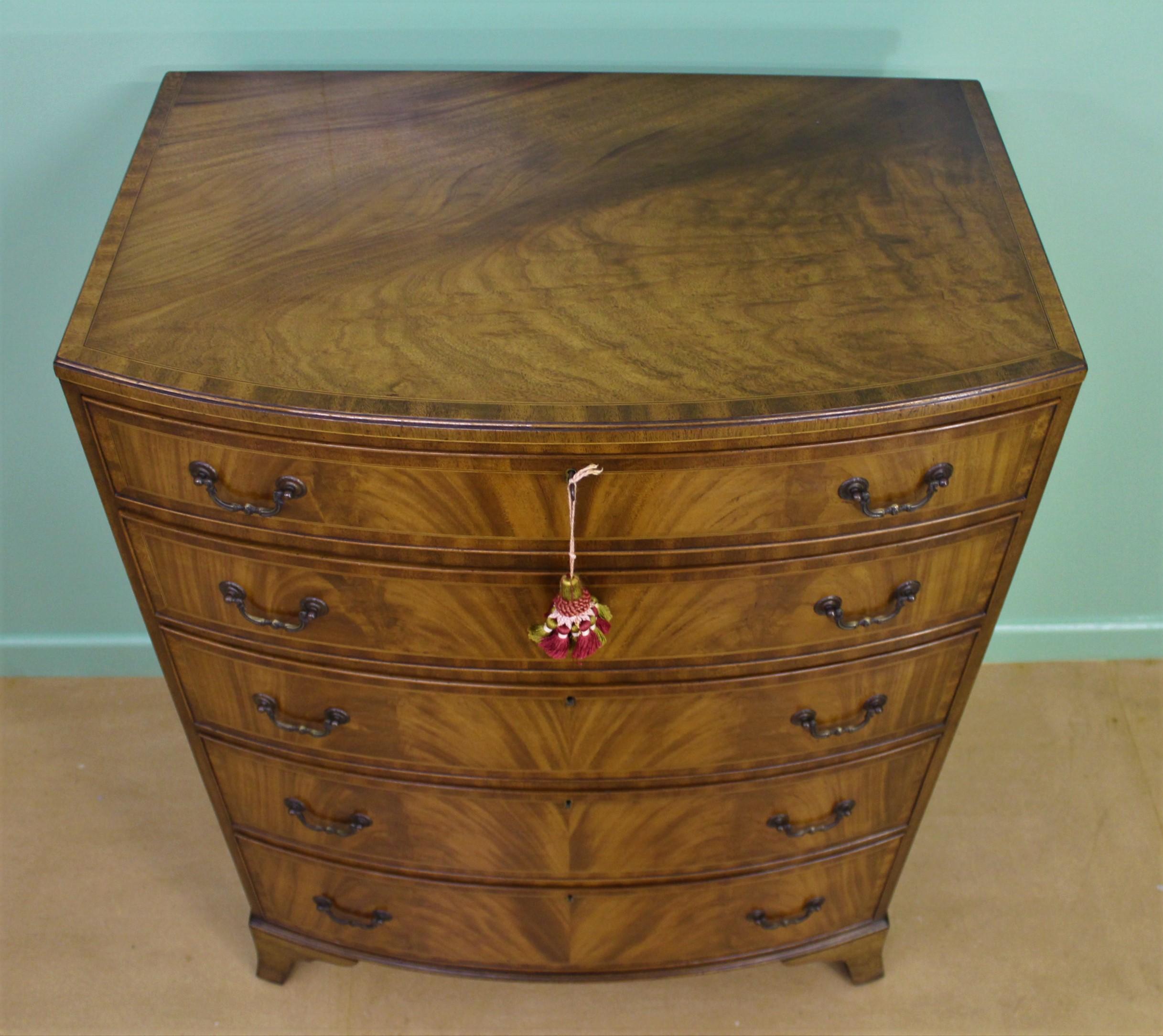 Waring and Gillow Inlaid Mahogany Bow Fronted Chest of Drawers 3