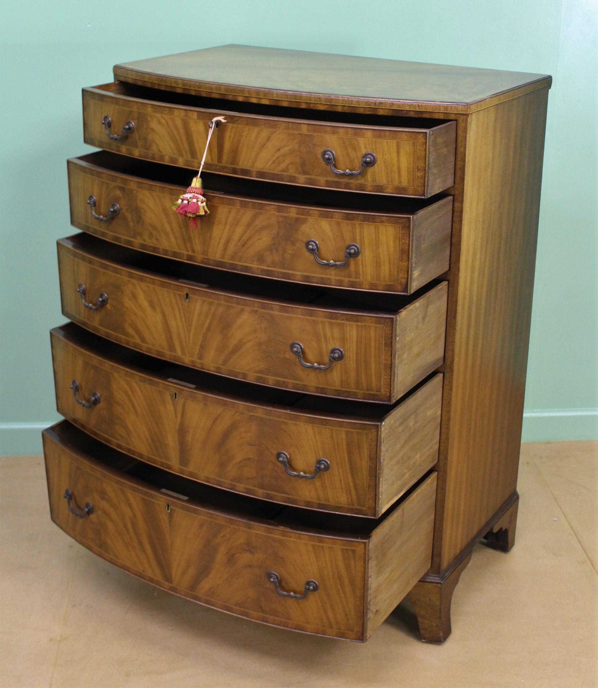 Waring and Gillow Inlaid Mahogany Bow Fronted Chest of Drawers 7