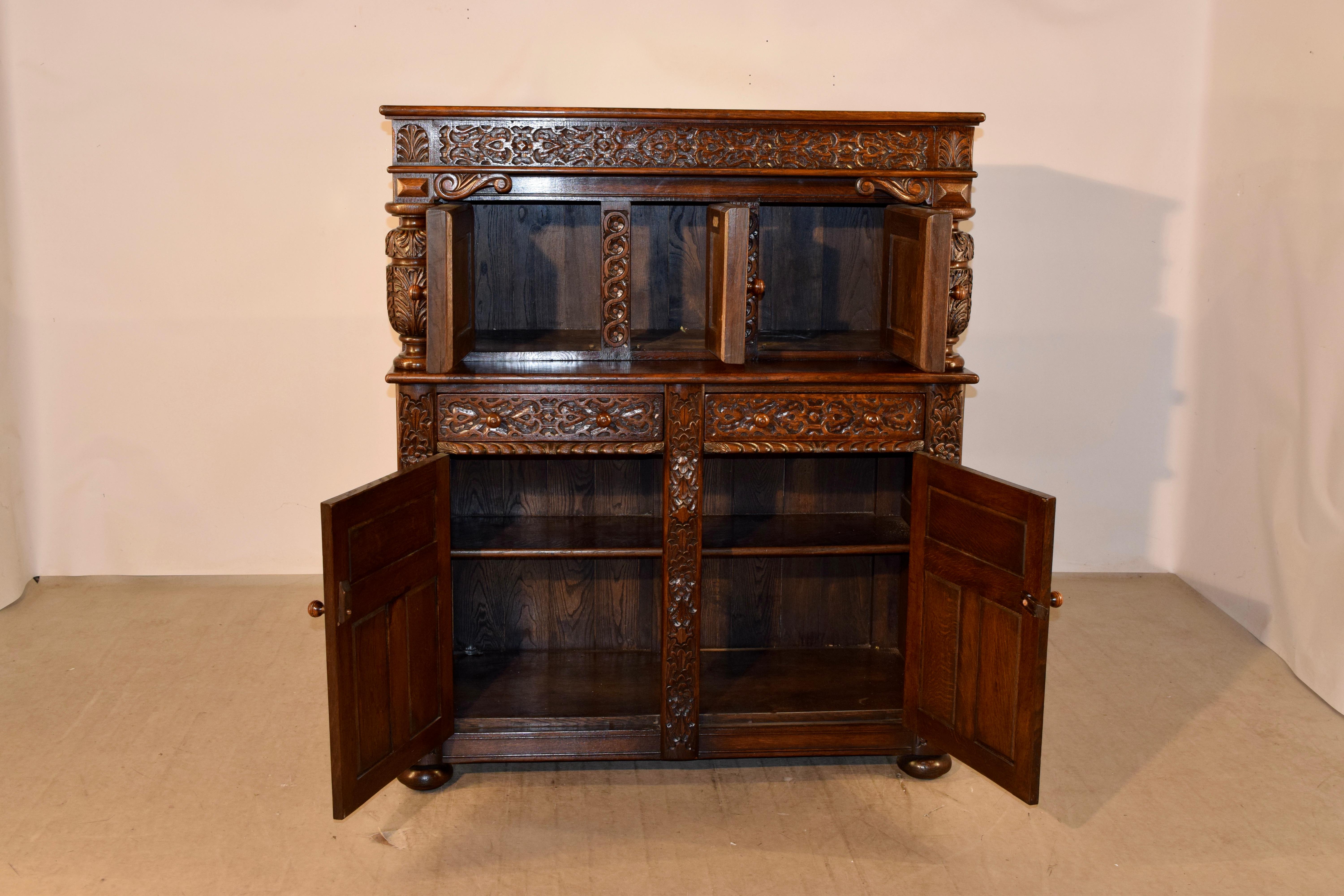 English Waring & Gillow Carved Oak Court Cupboard, c. 1900 For Sale