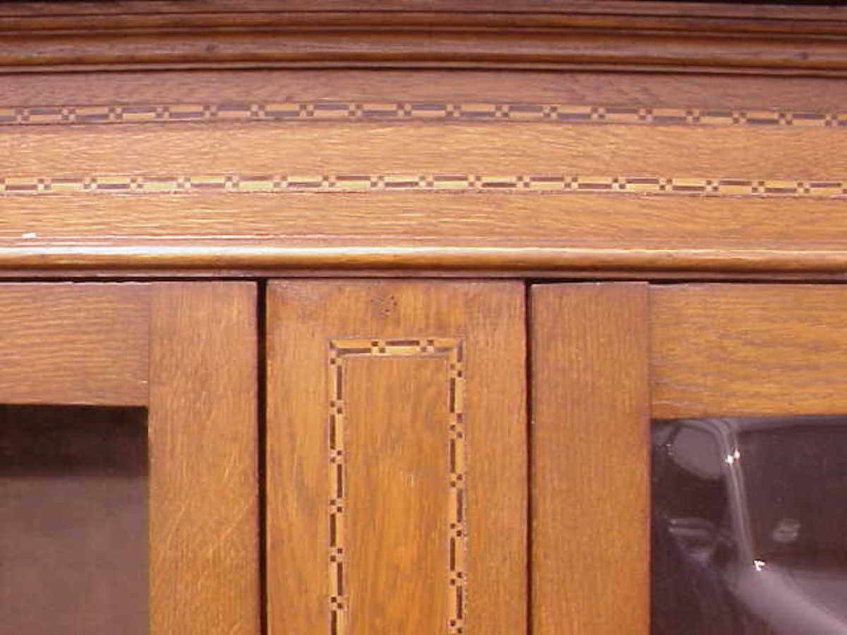 English Waring & Gillows attr, Arts & Crafts Oak Bookcase with Ebony & Fruitwood Inlays For Sale