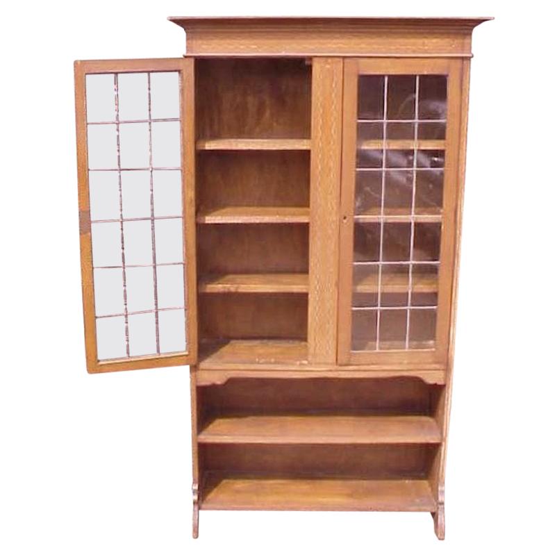 Waring & Gillows attr, Arts & Crafts Oak Bookcase with Ebony & Fruitwood Inlays For Sale
