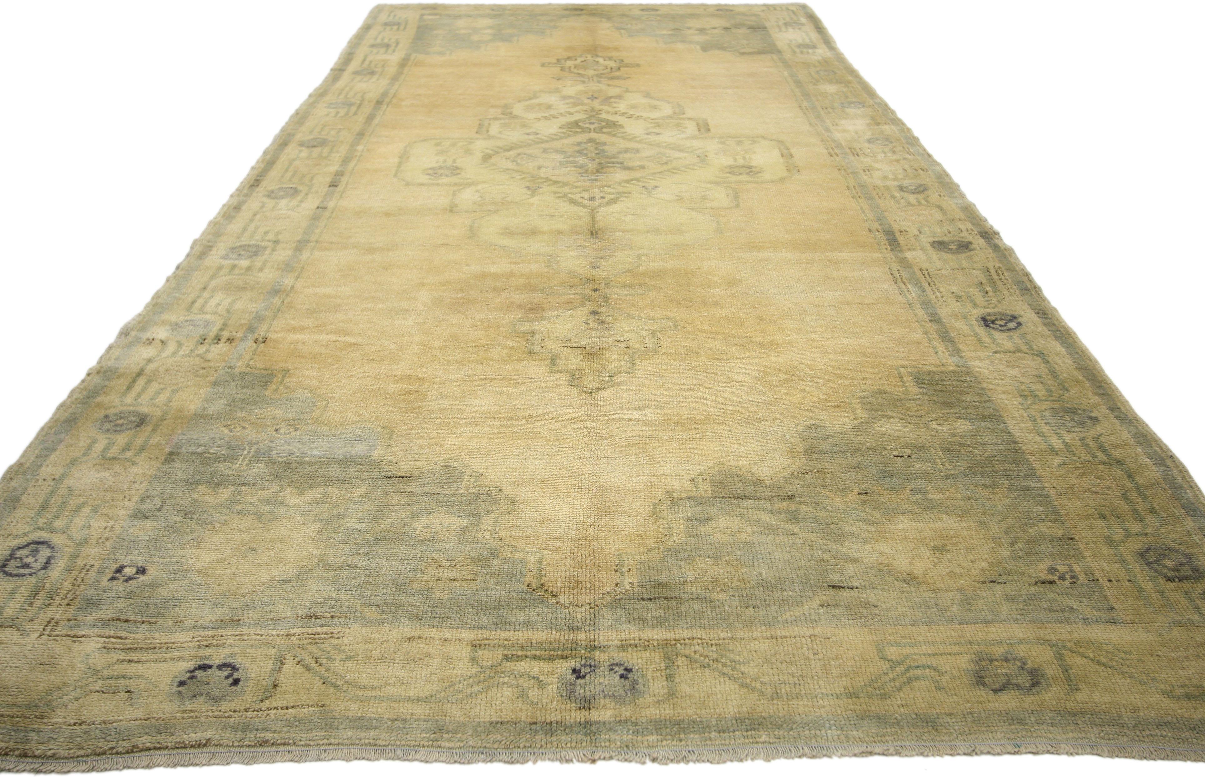 Hand-Knotted Warm and Neutral Vintage Turkish Oushak Gallery Rug, Wide Hallway Runner For Sale