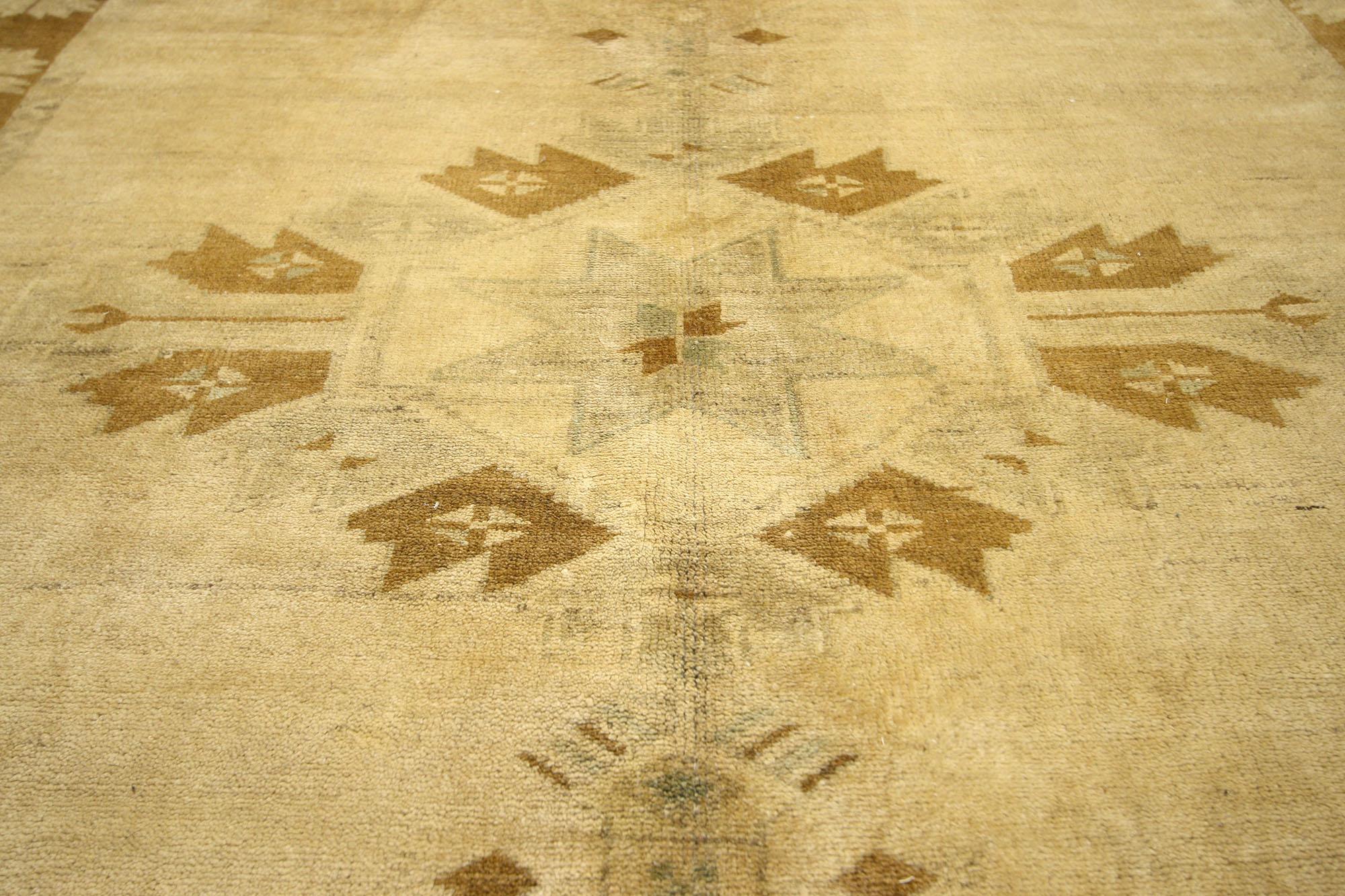 20th Century Warm and Neutral Vintage Turkish Oushak Gallery Rug, Wide Hallway Runner For Sale