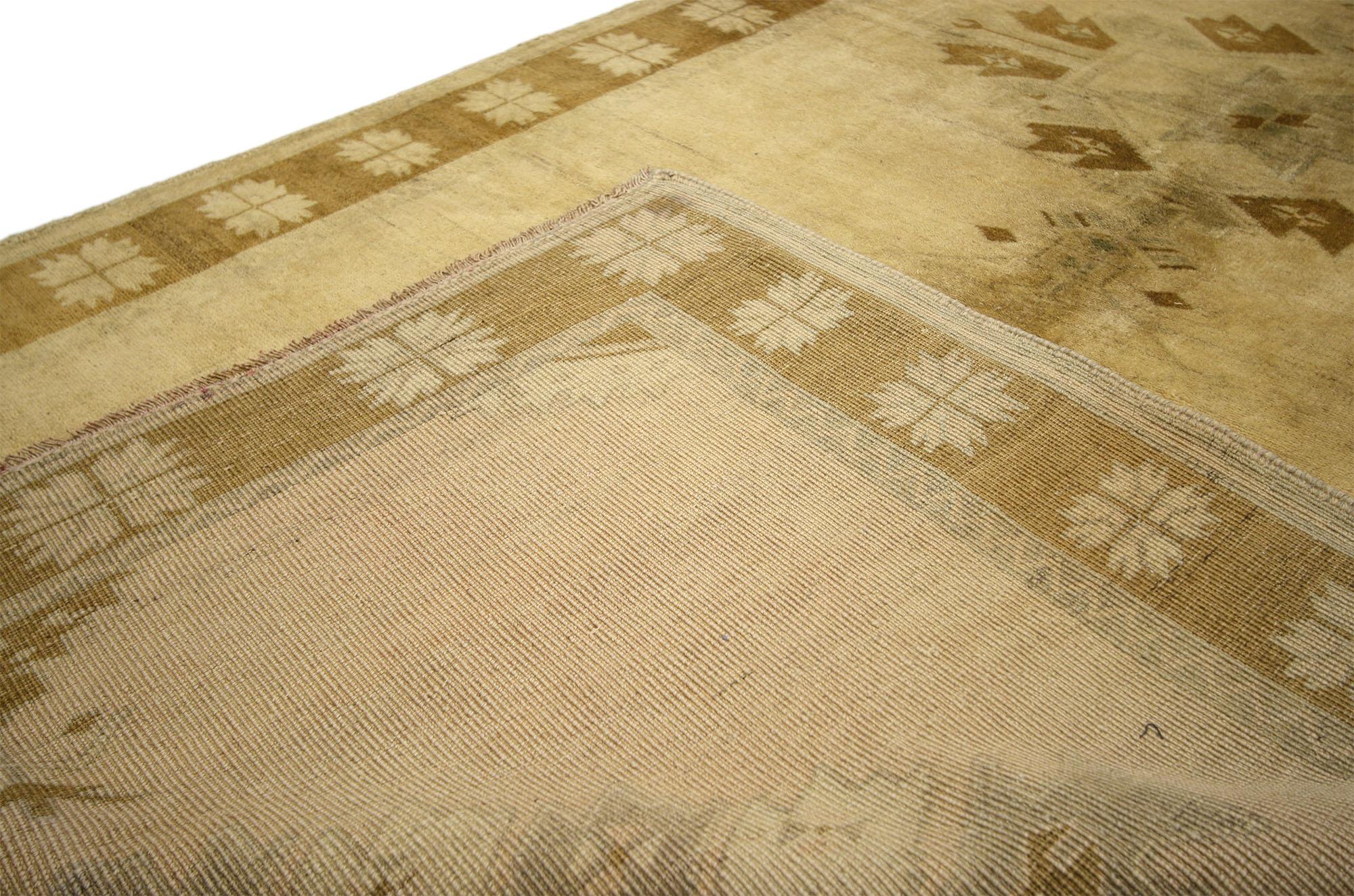 Wool Warm and Neutral Vintage Turkish Oushak Gallery Rug, Wide Hallway Runner For Sale