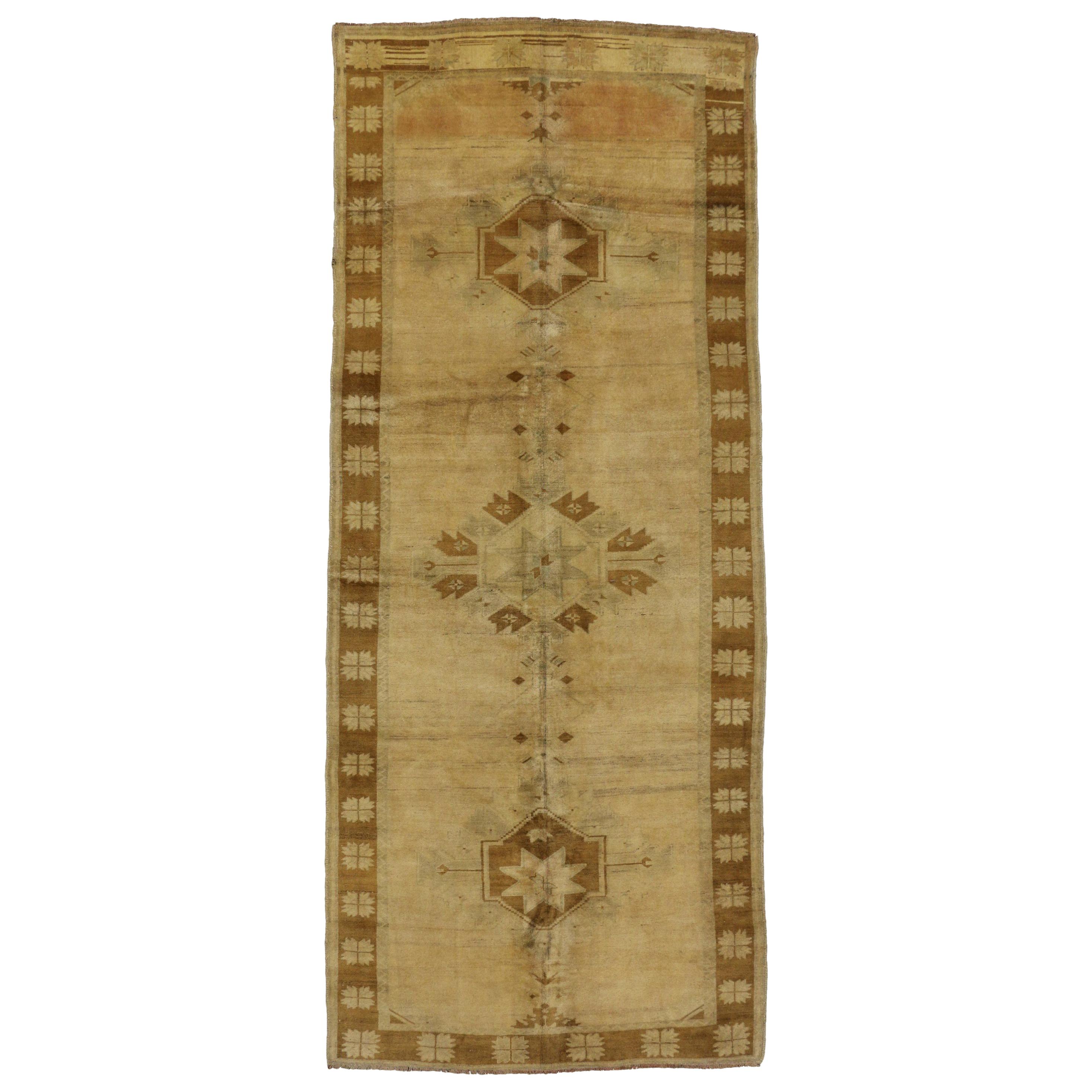 Warm and Neutral Vintage Turkish Oushak Gallery Rug, Wide Hallway Runner For Sale