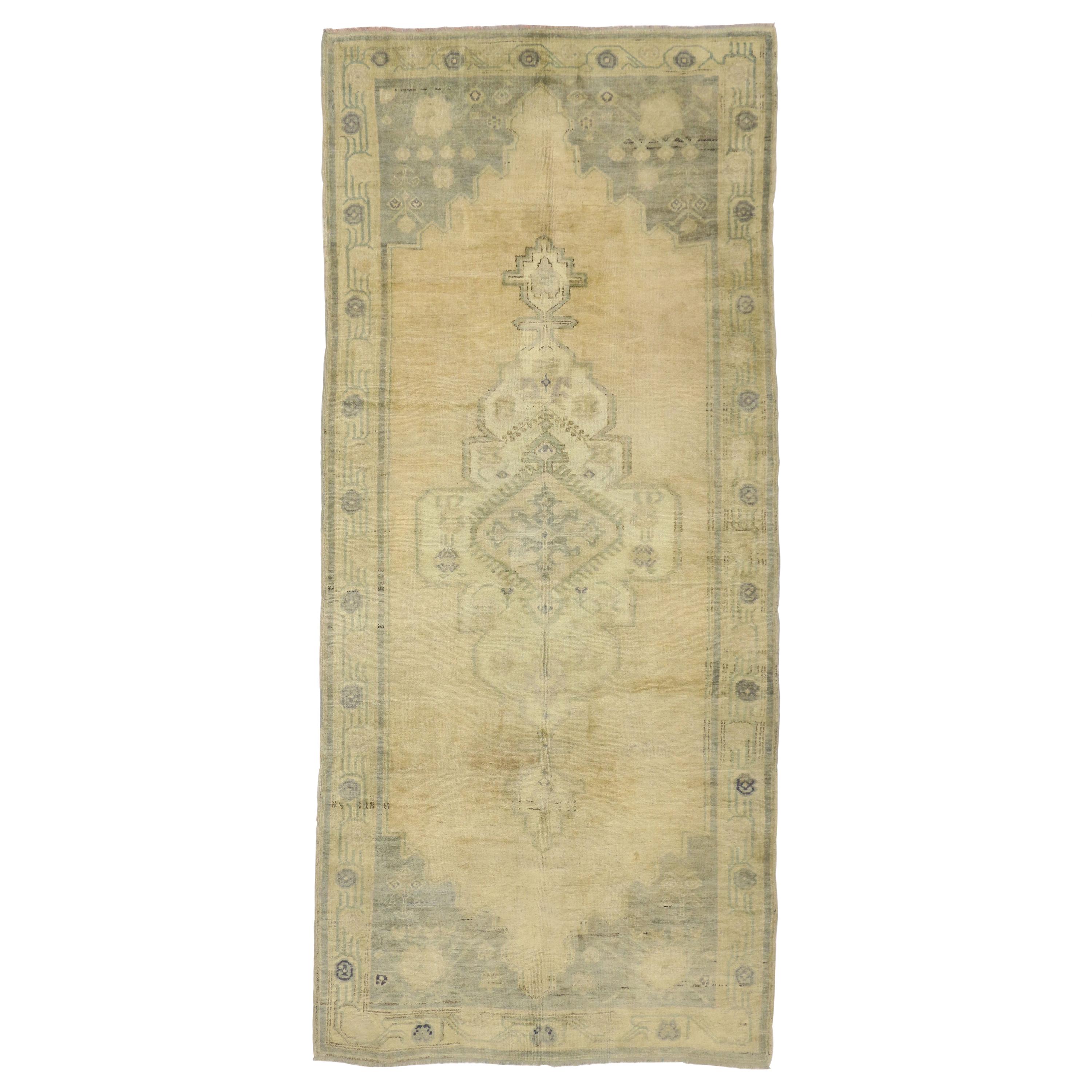 Warm and Neutral Vintage Turkish Oushak Gallery Rug, Wide Hallway Runner