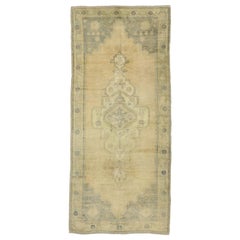 Warm and Neutral Vintage Turkish Oushak Gallery Rug, Wide Hallway Runner