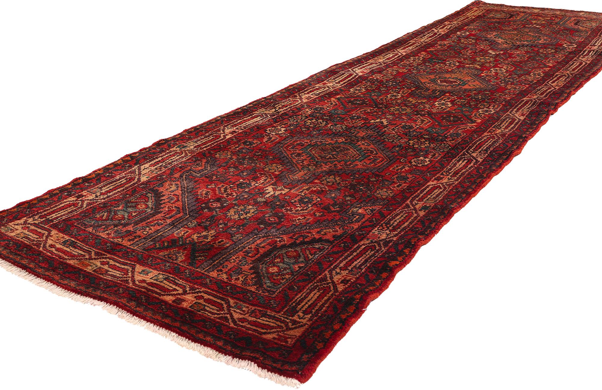 76068 Vintage Persian Hamadan Rug Runner, 03'02 X 11'02. Exhibiting a captivating fusion of tradition and artistry, this vintage Persian Hamadan runner boasts a design that exudes timeless allure and sophistication. Crafted from hand-knotted wool,