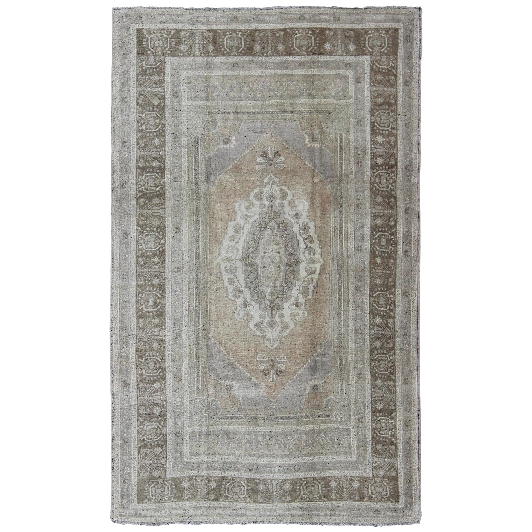 Warm Colored Layered Medallion Vintage Turkish Oushak Rug in Taupe, Gray, Brown For Sale