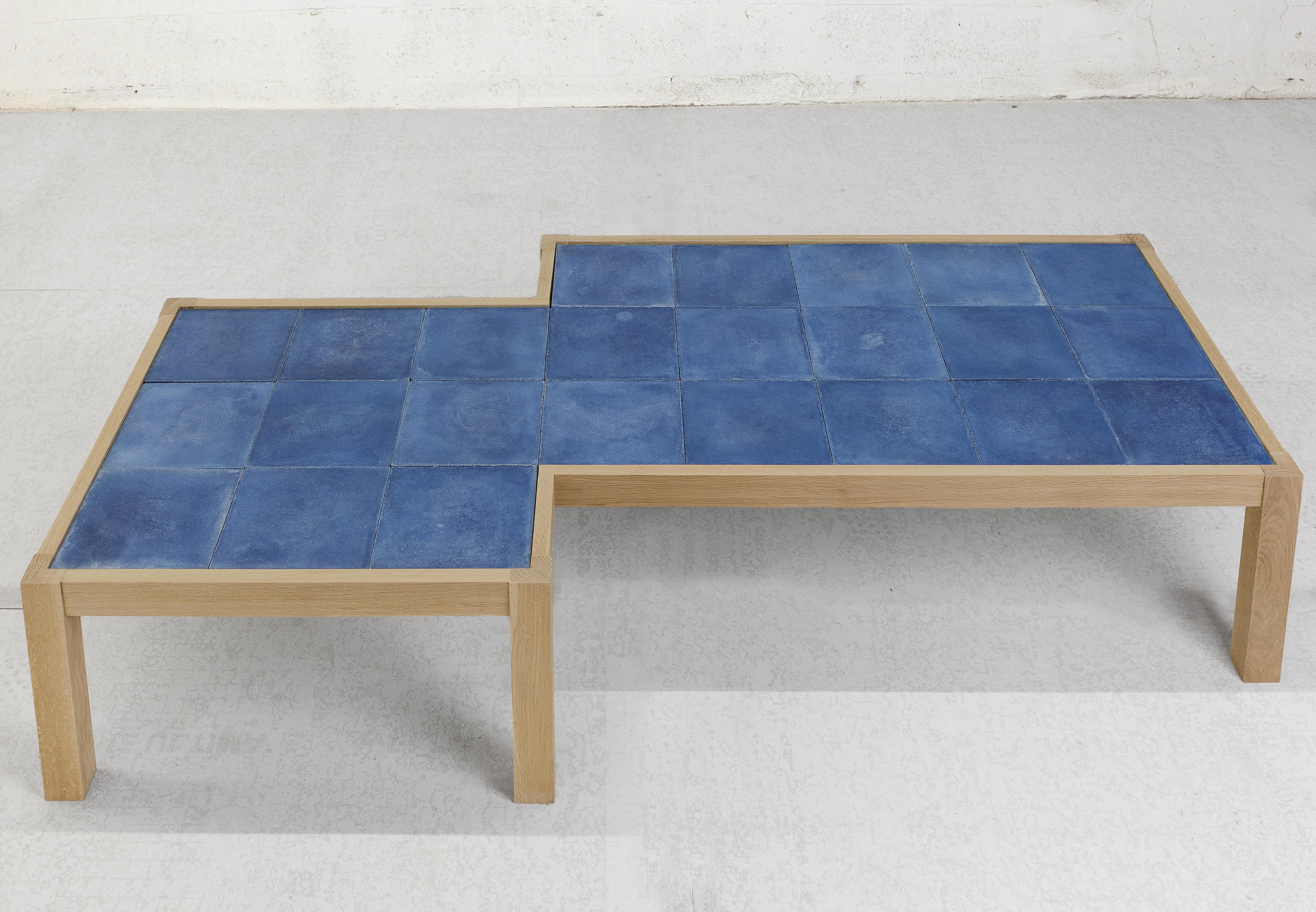 Warm Contemporary Low Table in Natural Oak and Blue Tile by Vivian Carbonell In New Condition For Sale In Miami, FL