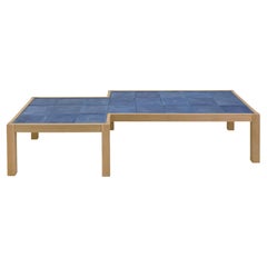 Warm Contemporary Low Table in Natural Oak and Blue Tile by Vivian Carbonell