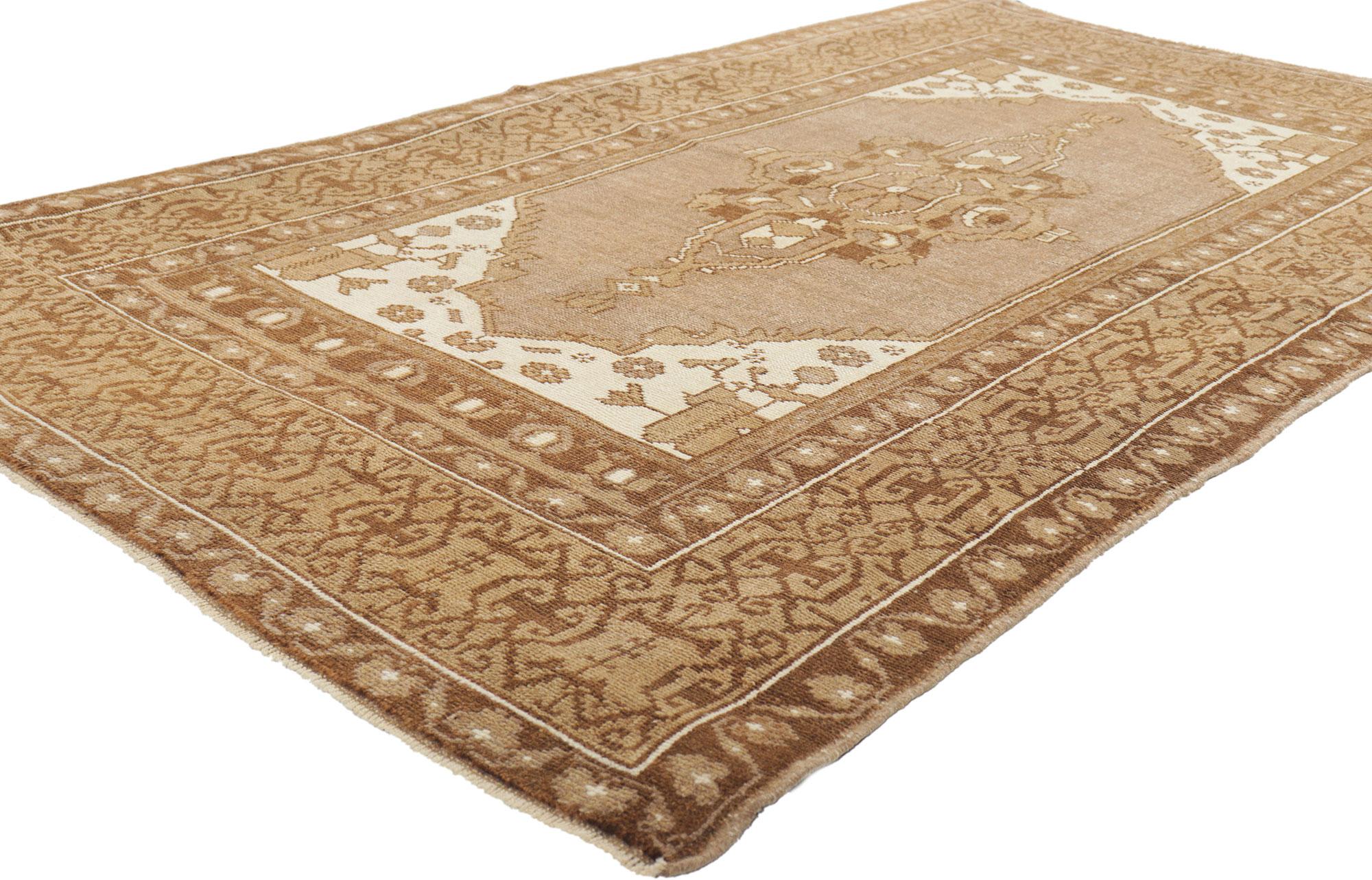52958 Vintage Turkish Oushak Rug, 03'11 x 06'11.
Effortless beauty and simplicity meet soft, bespoke vibes with a modern style in this hand knotted wool vintage Turkish Oushak rug. The taupe antique washed cut-out field features an elongated