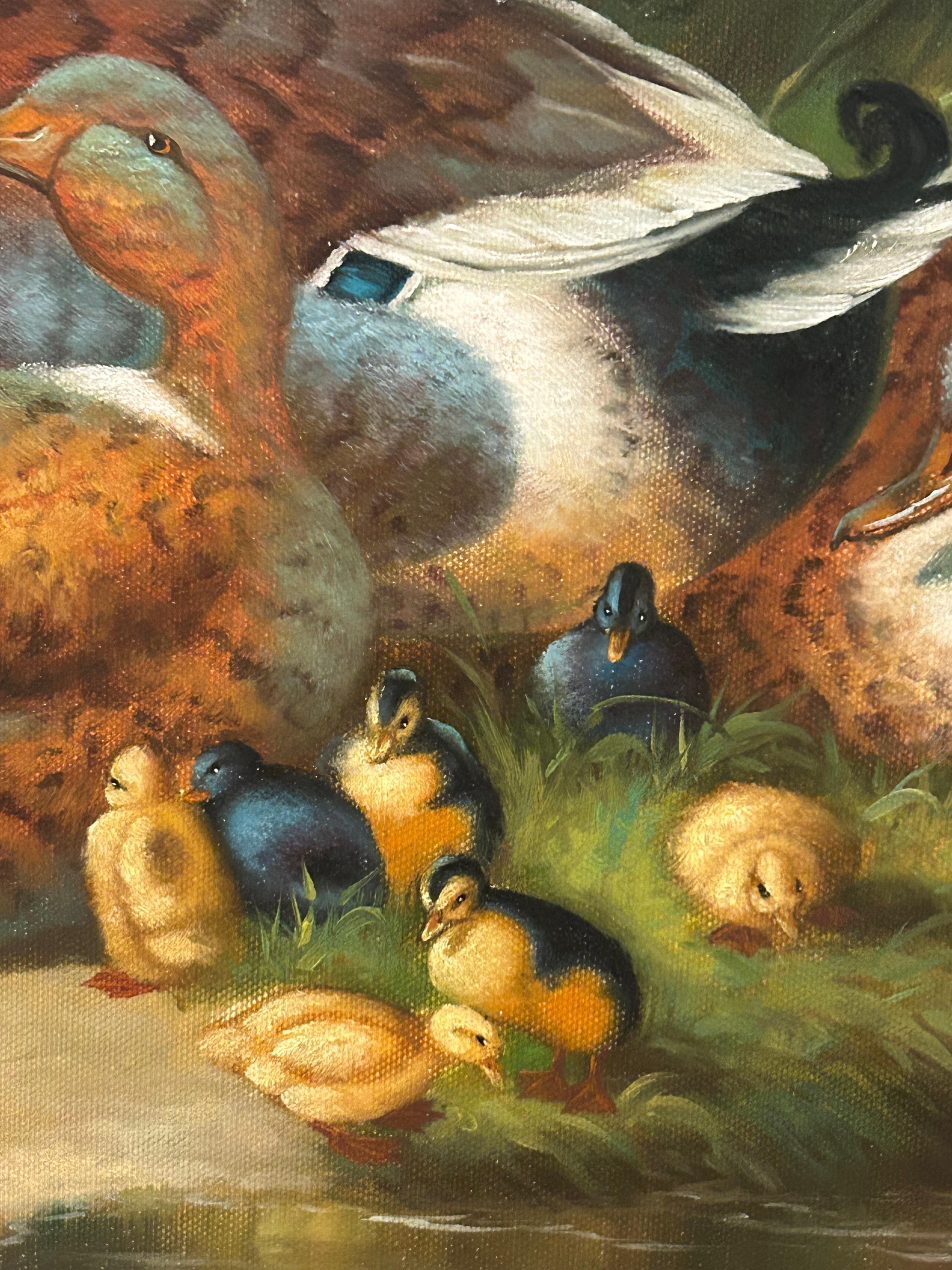 Américain Peinture chaleureuse d'une famille de canards avec des coqs adorables en vente