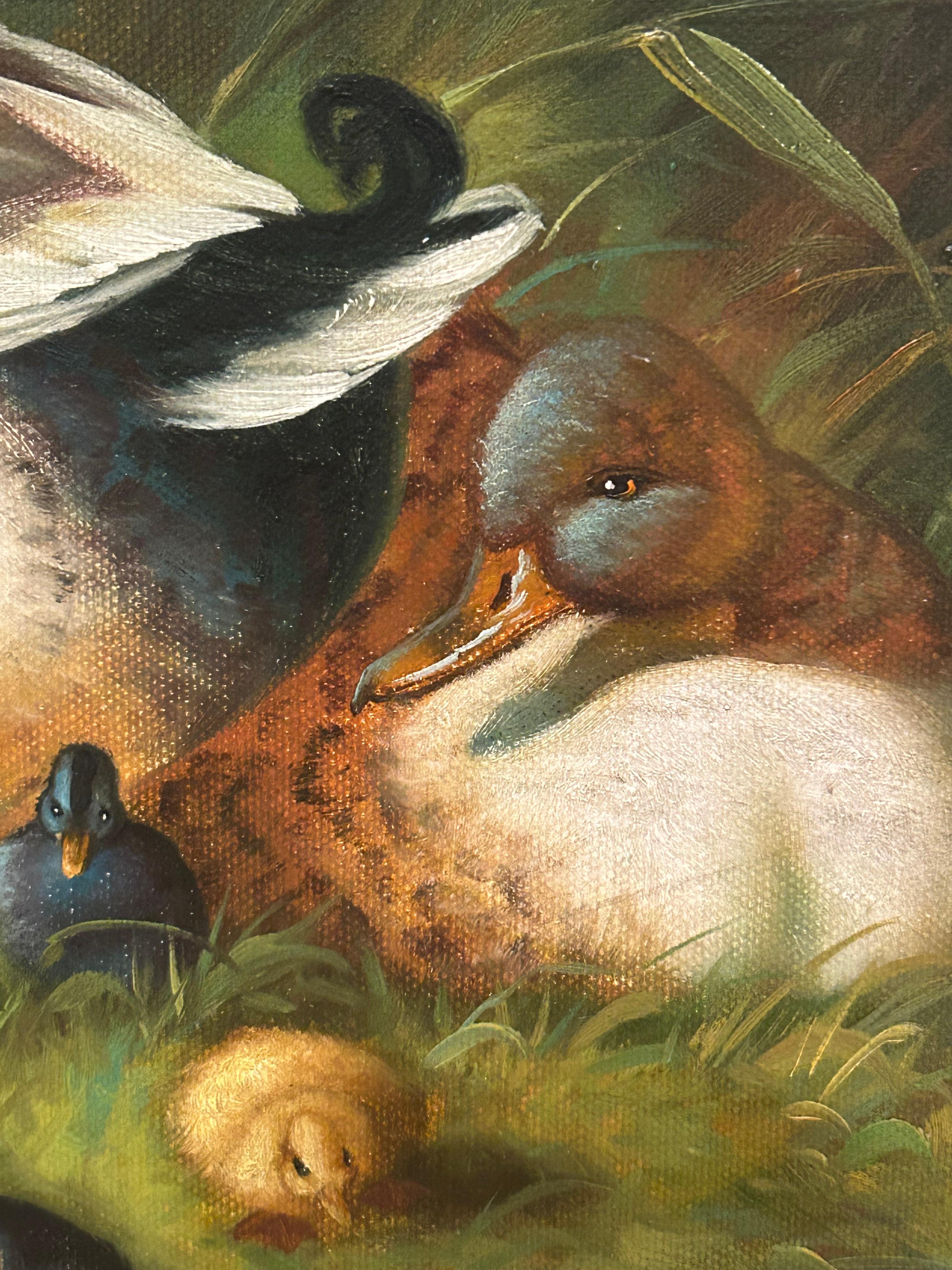 Peinture chaleureuse d'une famille de canards avec des coqs adorables Bon état - En vente à Hopewell, NJ