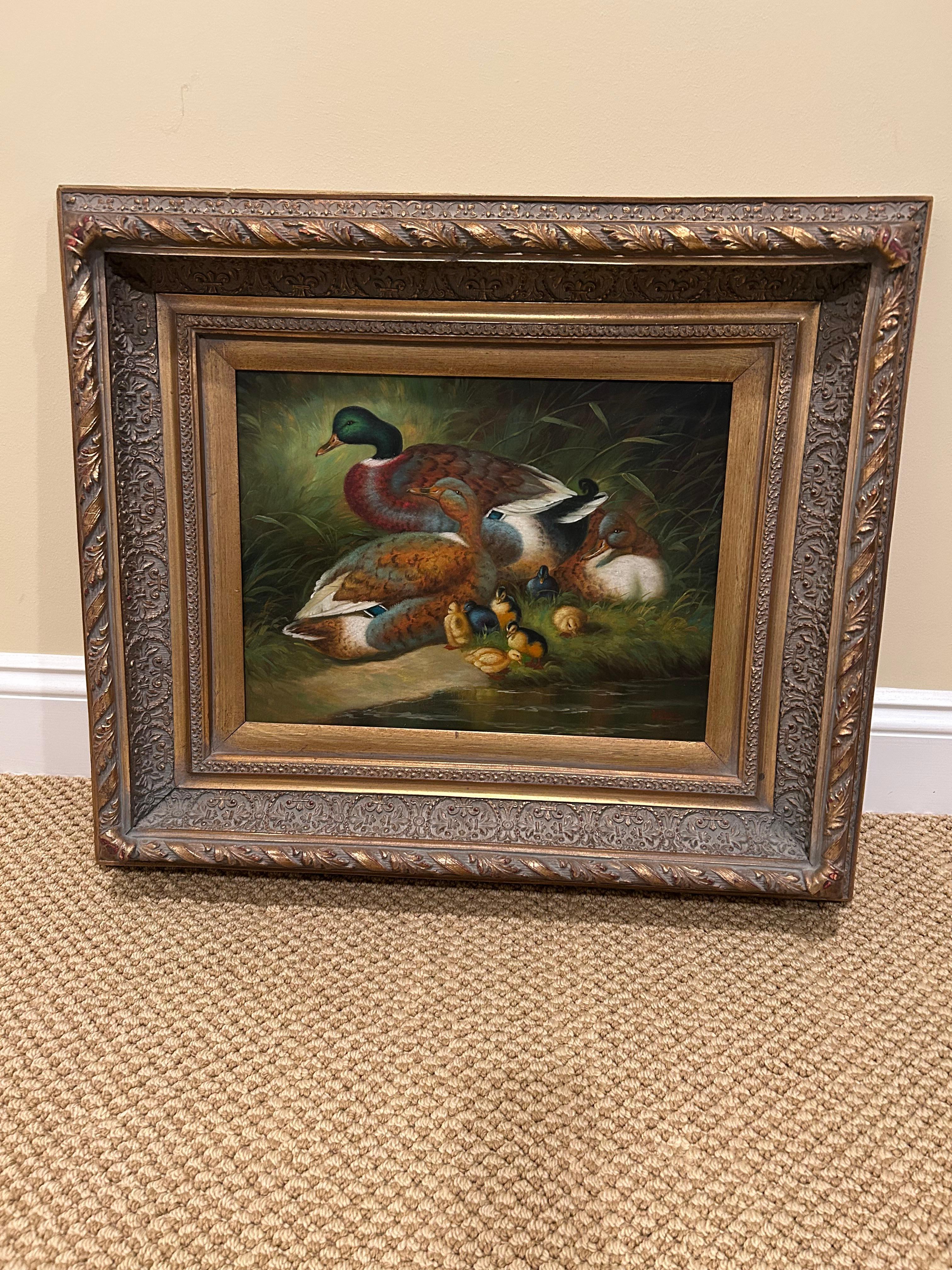 Peinture chaleureuse d'une famille de canards avec des coqs adorables en vente 2