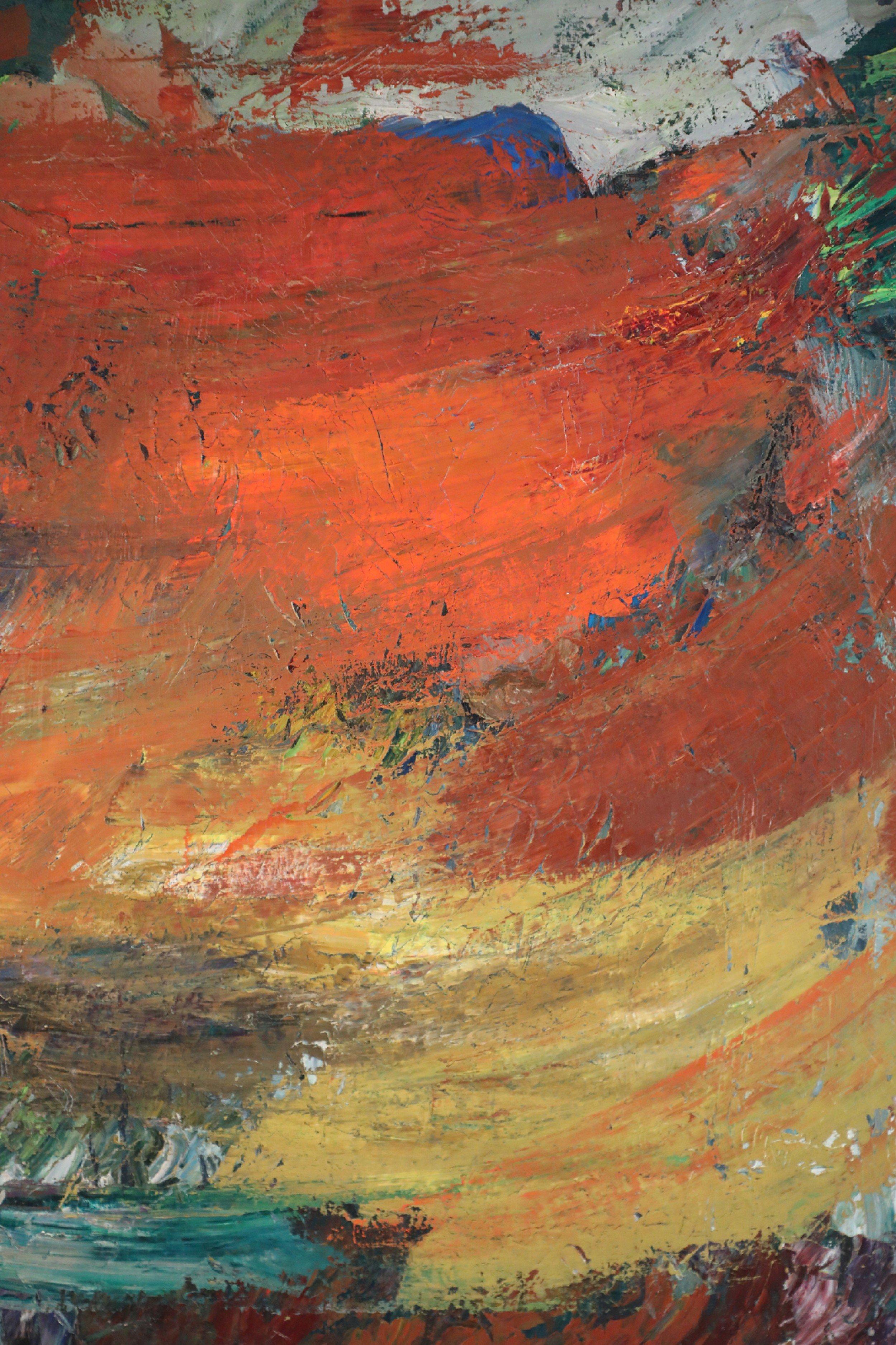 Mehrfarbiges abstraktes Gemälde auf Leinwand in warmen Farbtönen (Moderne der Mitte des Jahrhunderts) im Angebot