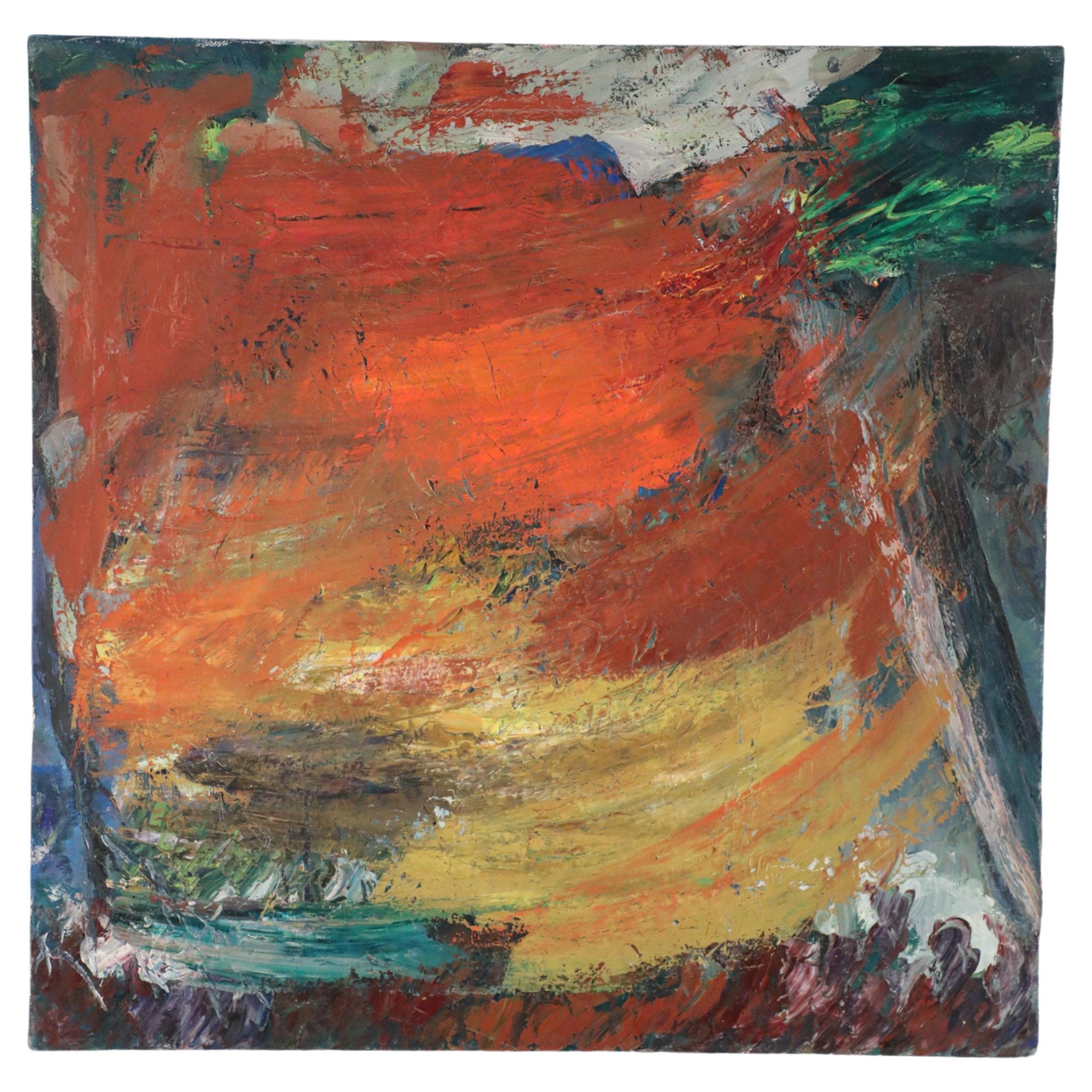 Mehrfarbiges abstraktes Gemälde auf Leinwand in warmen Farbtönen im Angebot