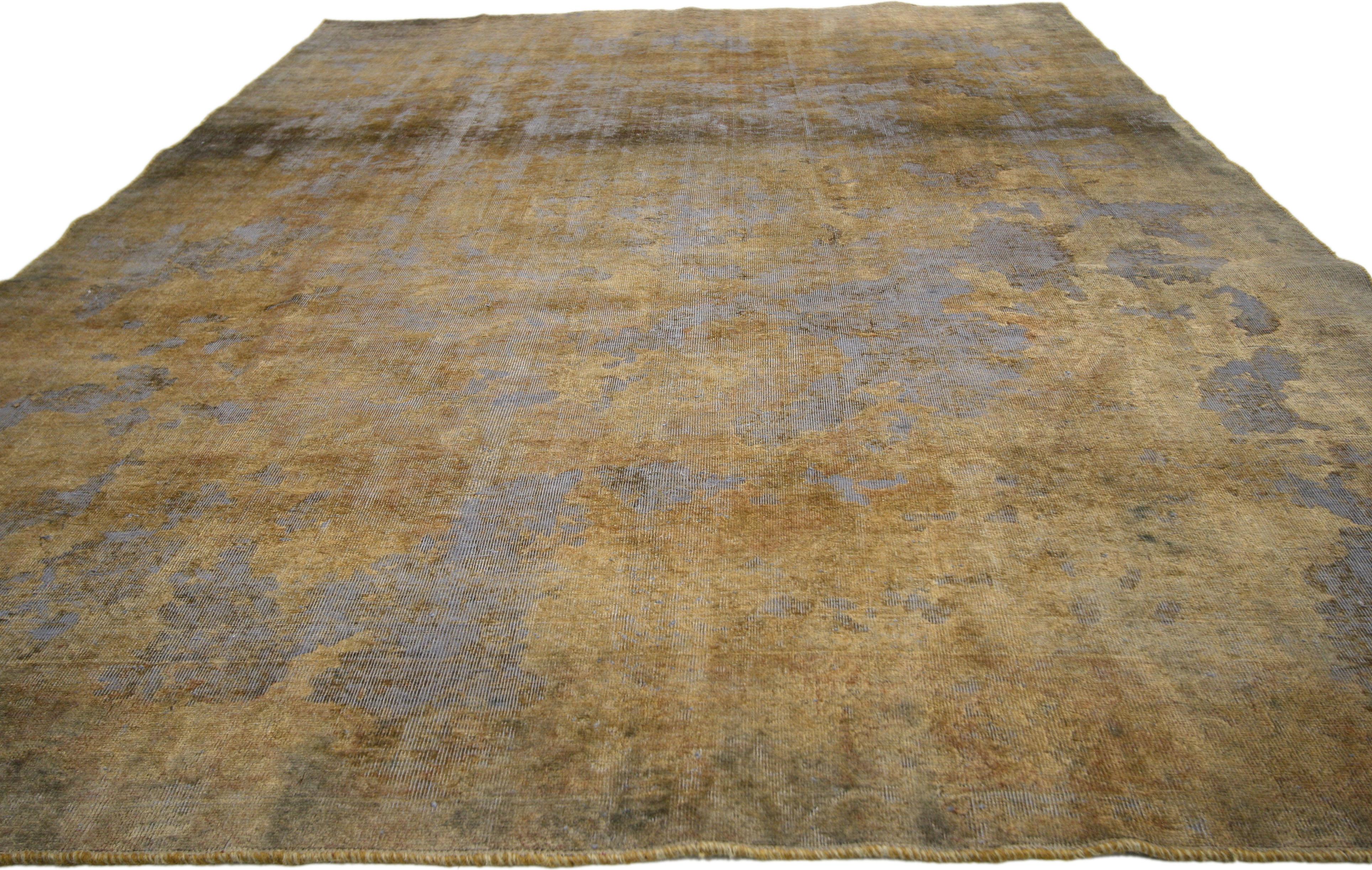 Hand-Knotted Warm, Neutral Color Distressed Vintage Turkish Rug with Industrial Luxe Style