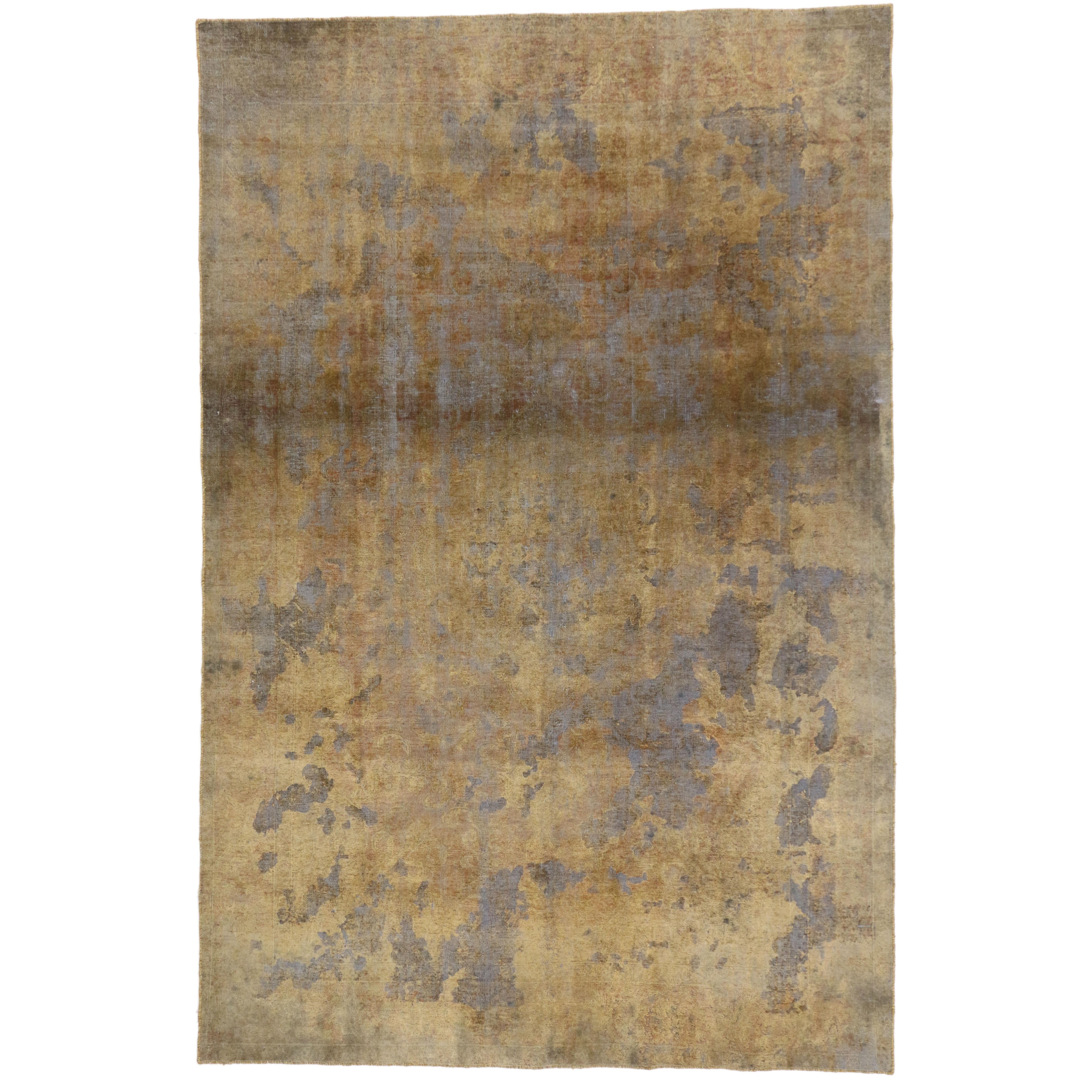 Warm, Neutral Color Distressed Vintage Turkish Rug with Industrial Luxe Style