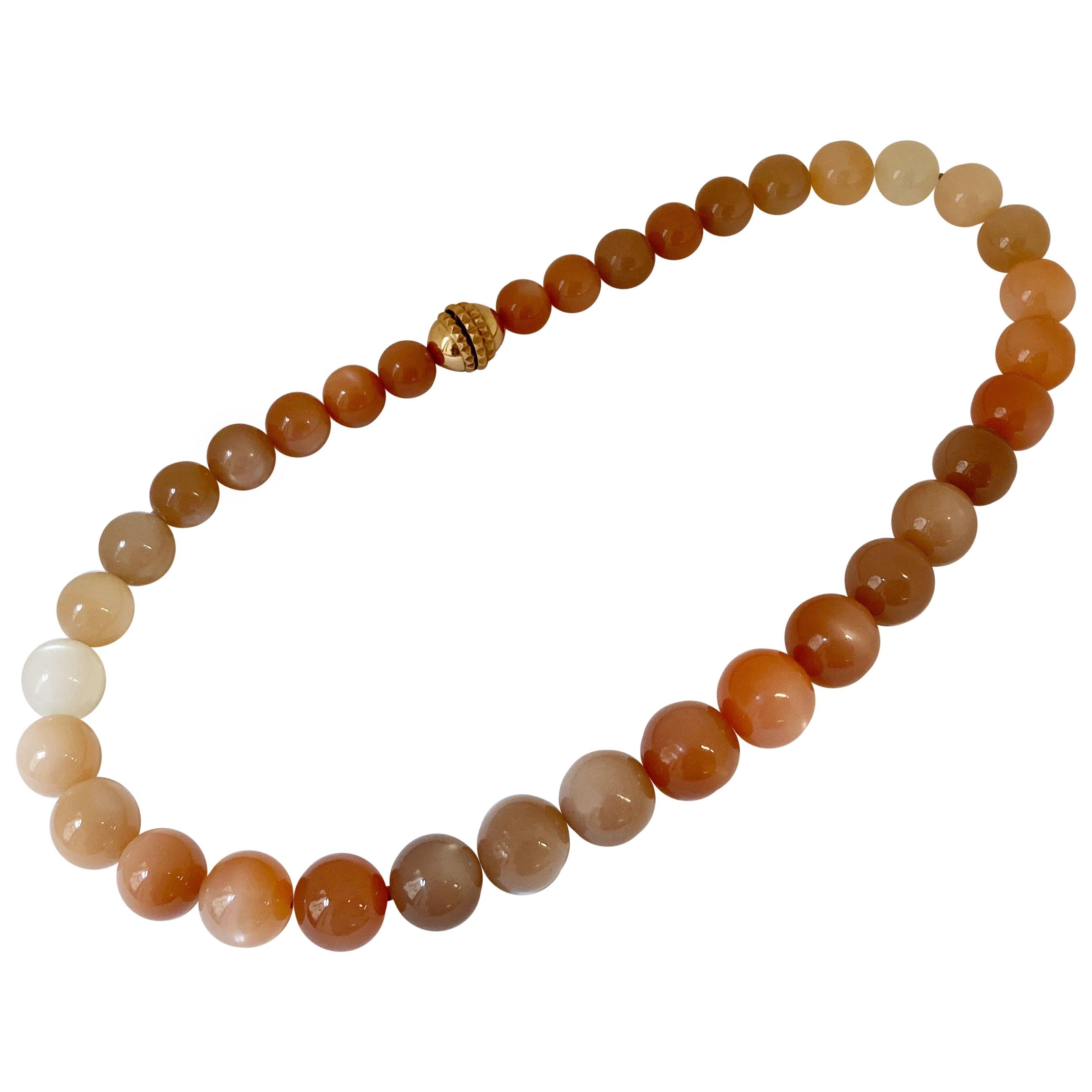 Warm Orange Moonstone Bead Clasp Necklace 18 Karat Rose Gold For Sale