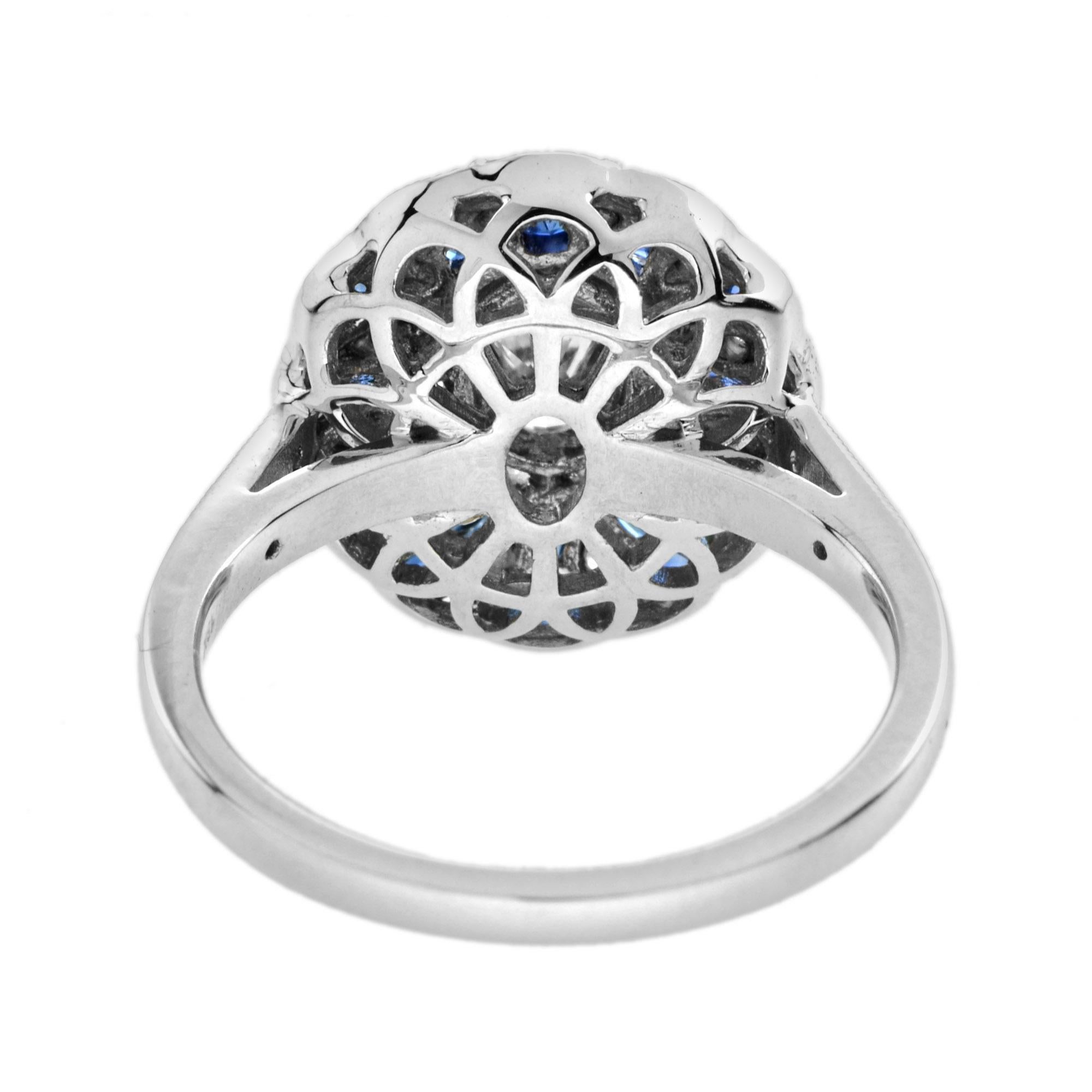 Art Déco Warm Oval Diamond & Blue Sapphire Art Deco Style Floral 14K White Gold Ring in vendita