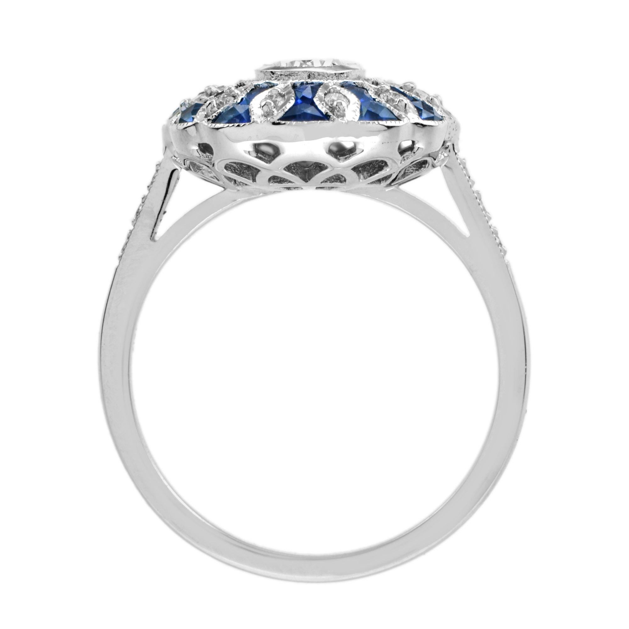 Taglio ovale Warm Oval Diamond & Blue Sapphire Art Deco Style Floral 14K White Gold Ring in vendita