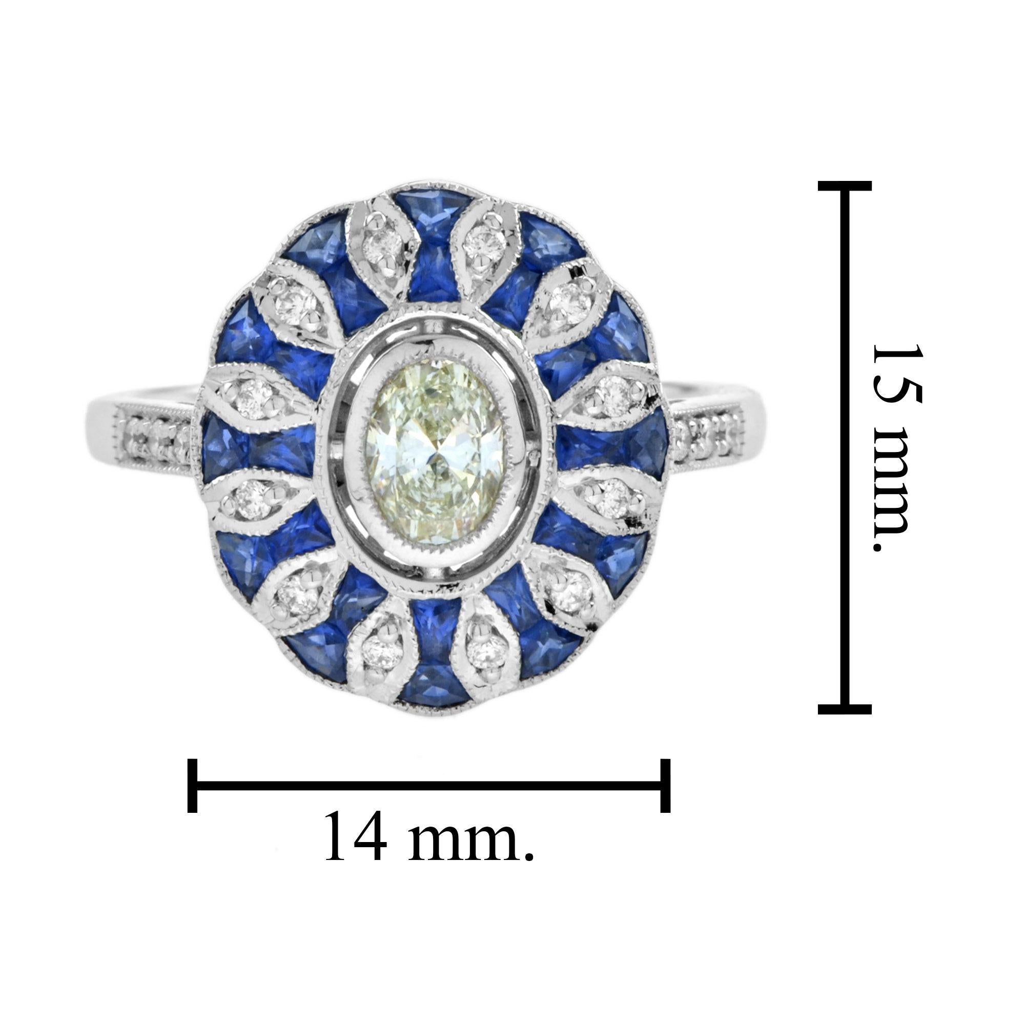 Donna Warm Oval Diamond & Blue Sapphire Art Deco Style Floral 14K White Gold Ring in vendita